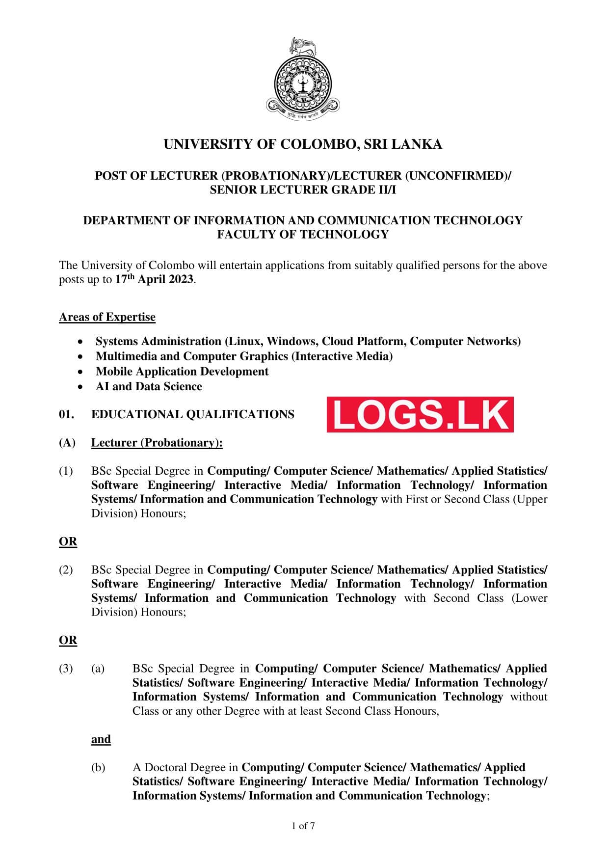 Lecturer / Senior Lecturer (FOT) - University of Colombo Vacancies 2023 Jobs Application