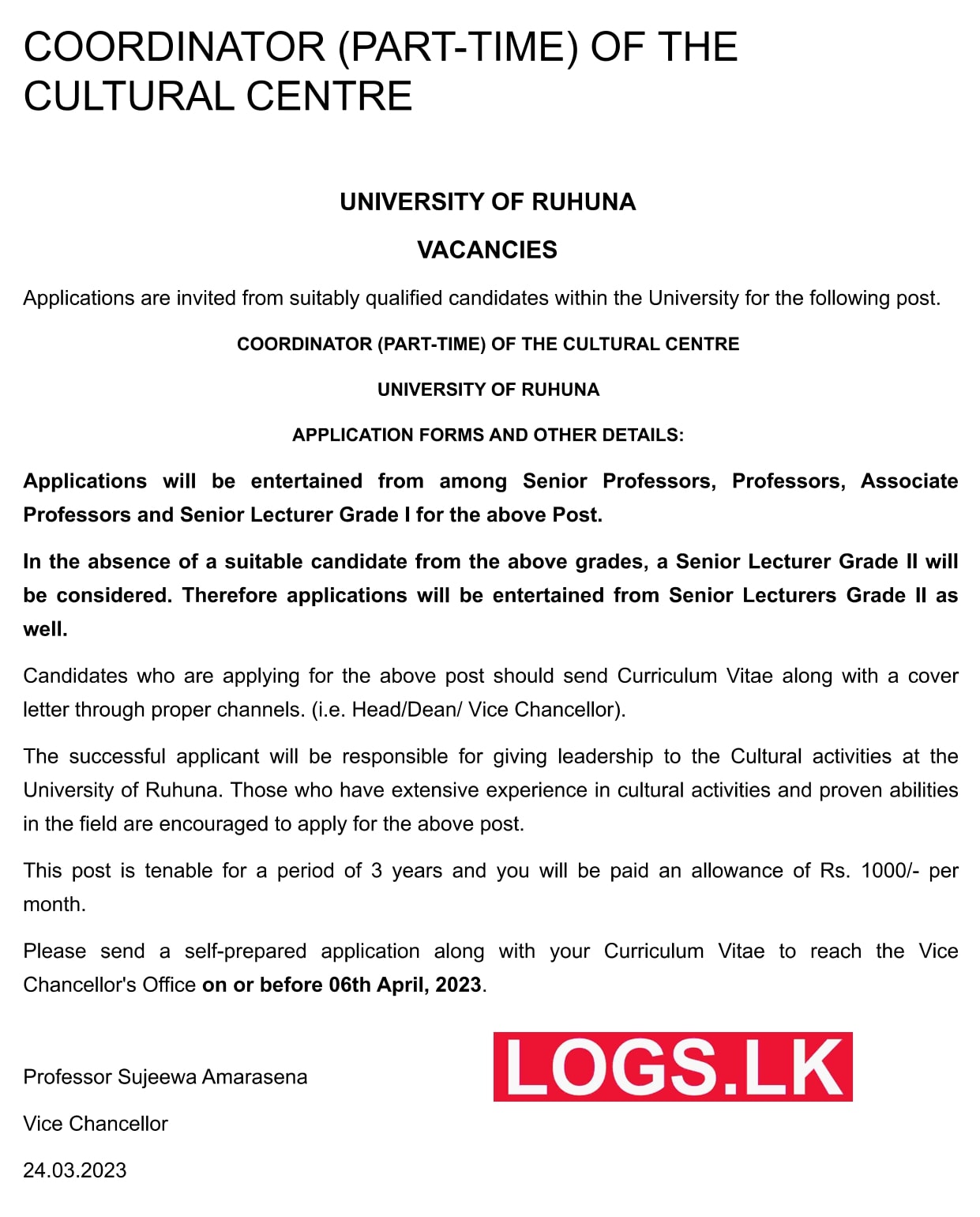 Coordinator - University of Ruhuna Vacancies 2023 Application, Details Download