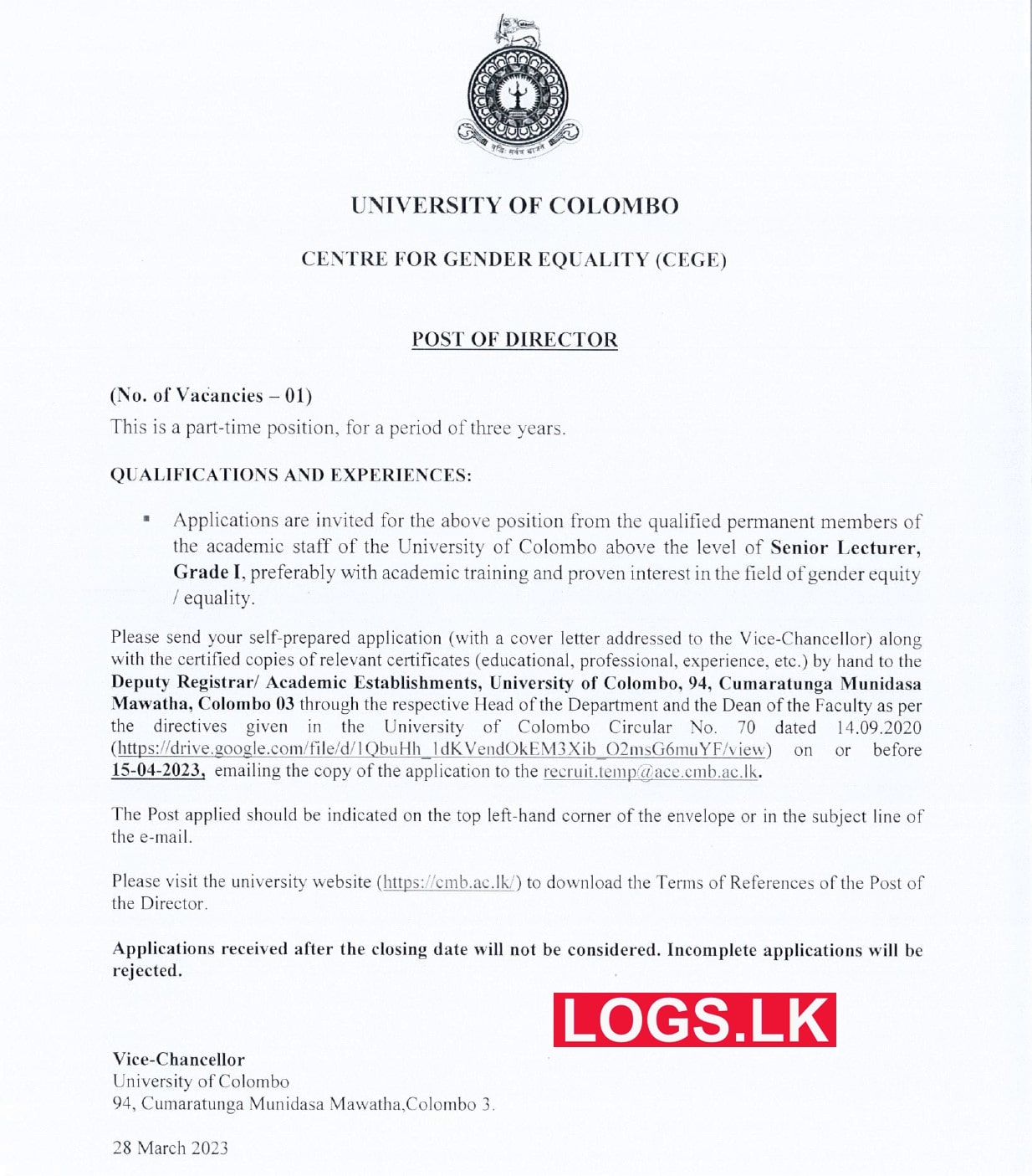 Director (CGE) - University of Colombo Vacancies 2023 Application, Details Download