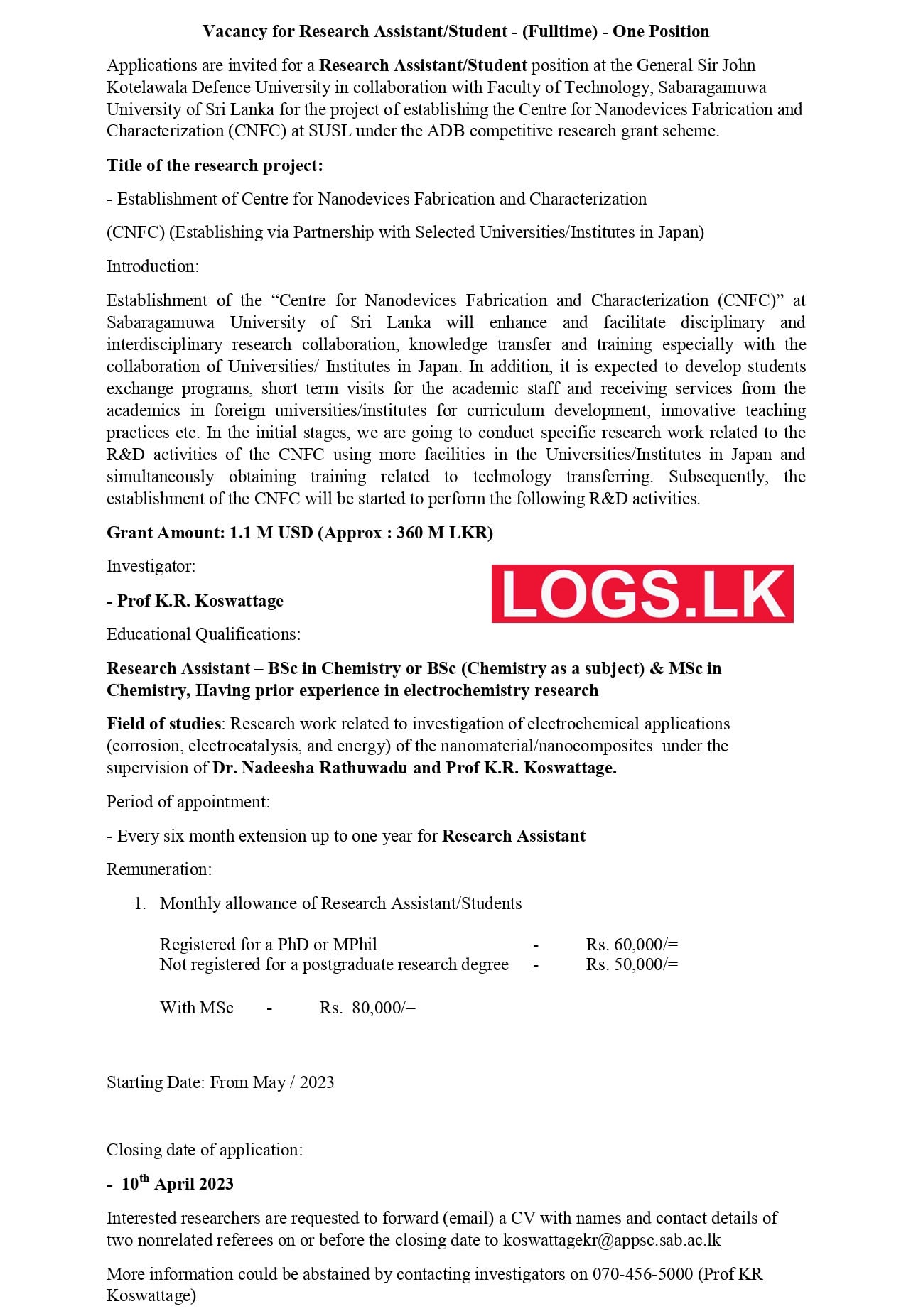 Research Assistant - Kotelawala Defense University Vacancies 2023 Application, Details Download