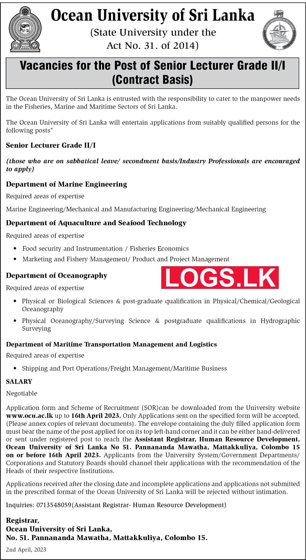 Senior Lecturer - Ocean University of Sri Lanka Vacancies 2023 Application, Details Download