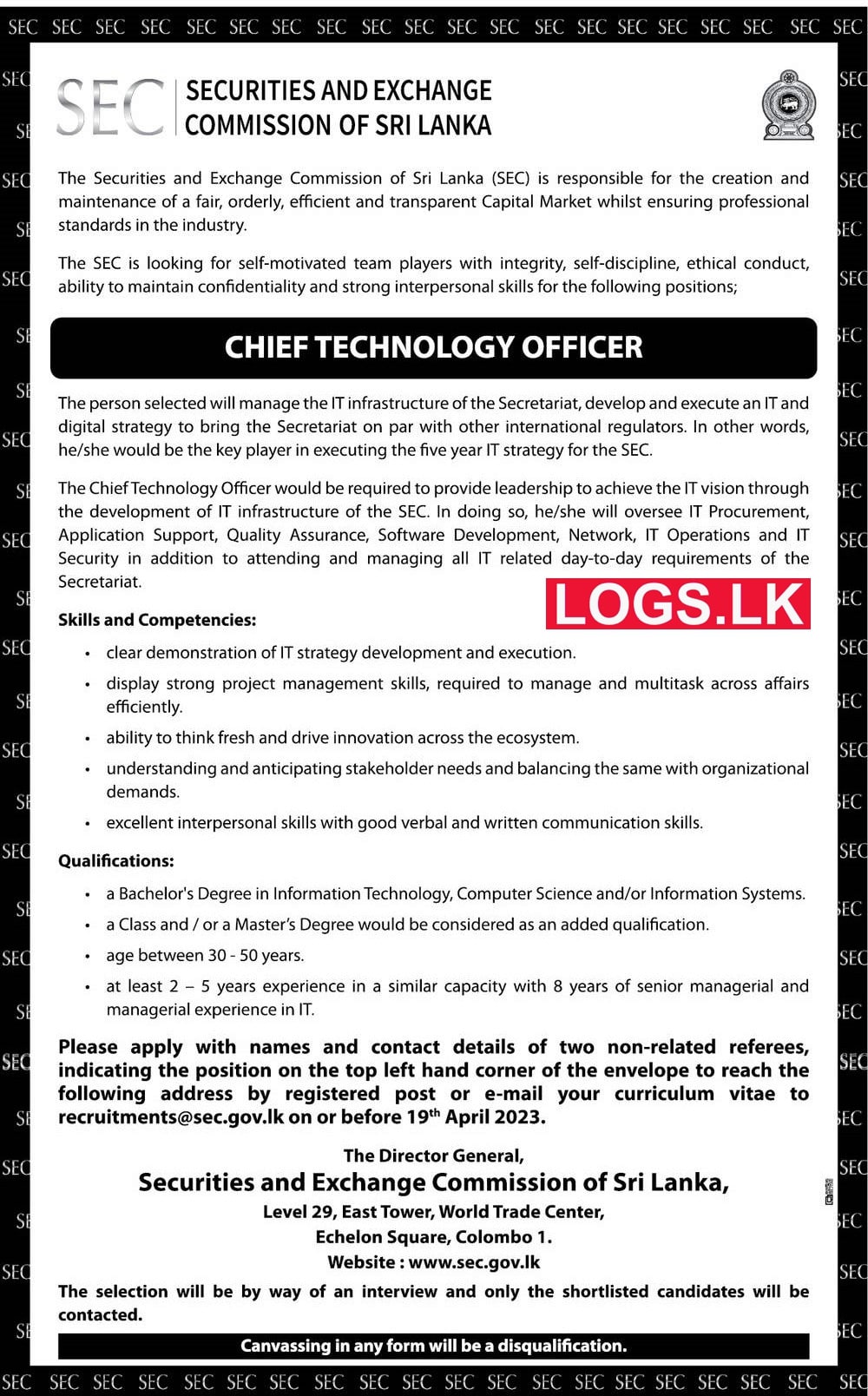 Chief Technology Officer - Securities and Exchange Commission Vacancies 2023 Application, Details Download