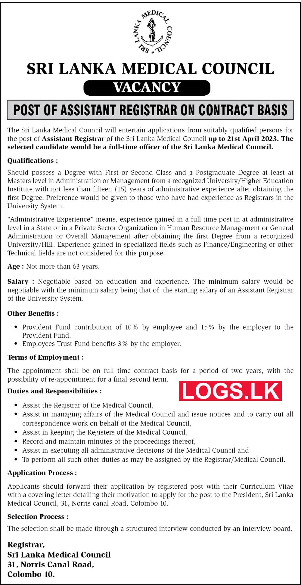Assistant Registrar - Sri Lanka Medical Council Vacancies 2023 Application, Details Download