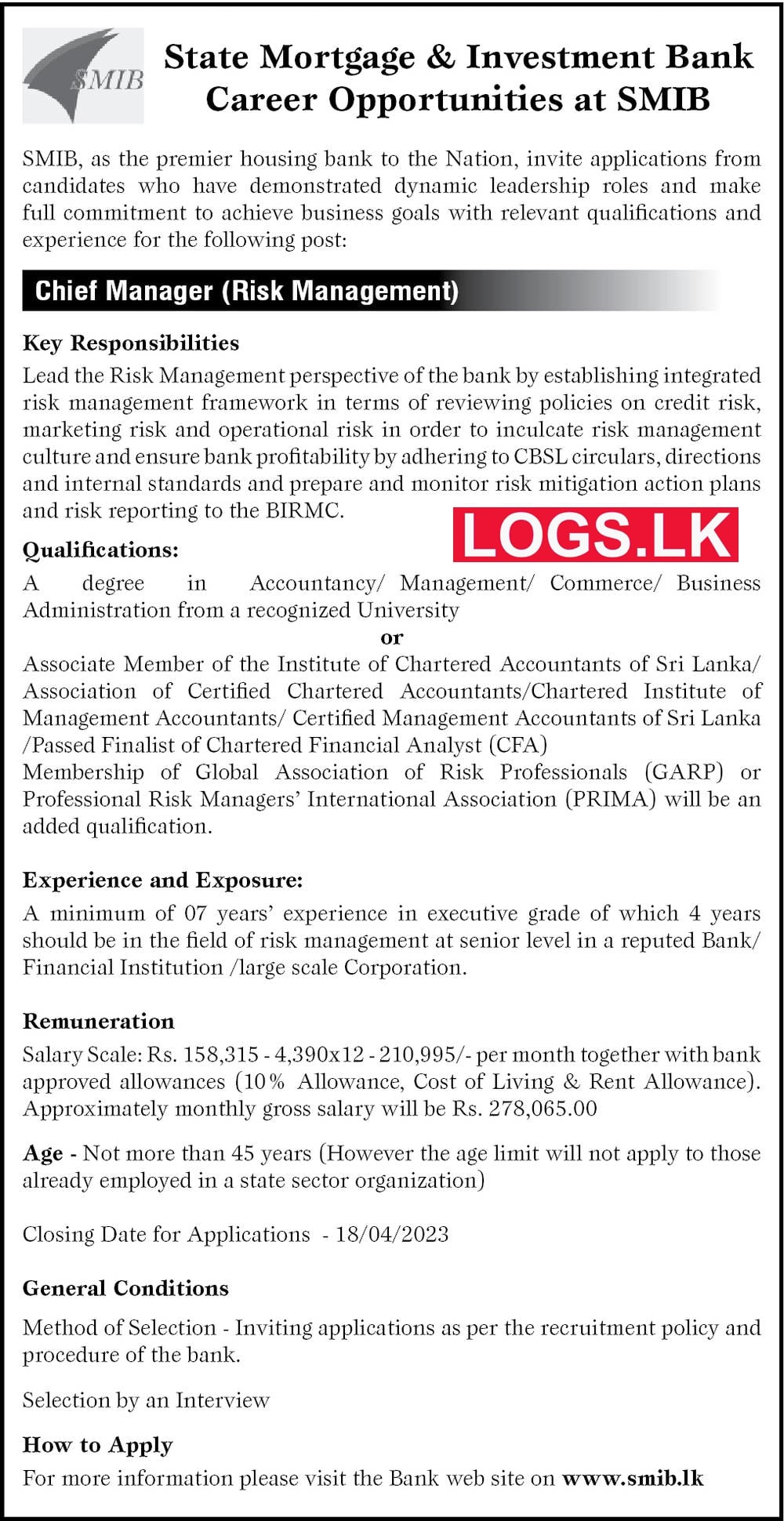 Chief Manager (Risk Management) - SMIB Bank Vacancies 2023 Application, Details Download