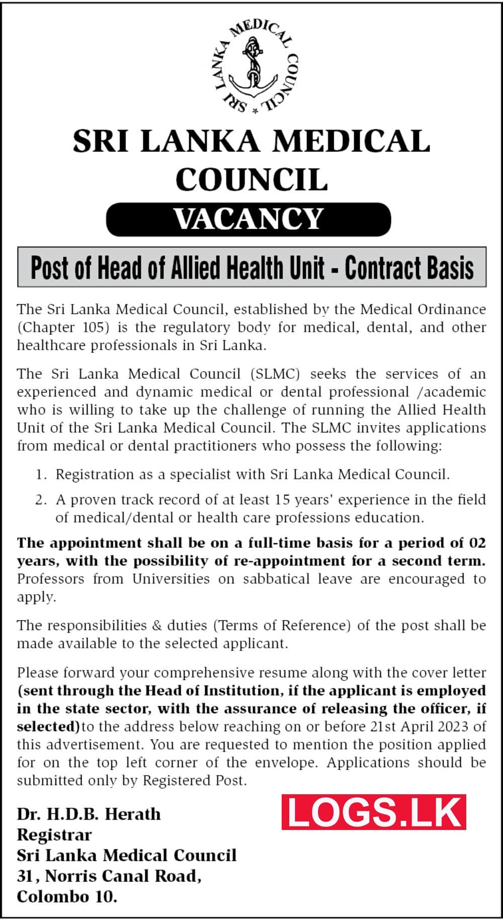 Head of Allied Health Unit – Medical Council Job Vacancies 2023 Application, Details Download