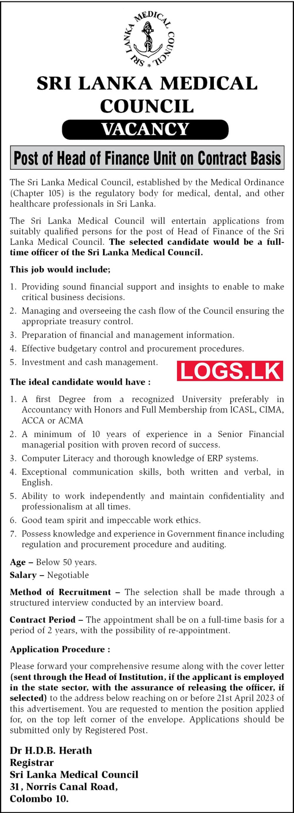 Head of Finance Unit - Sri Lanka Medical Council Vacancies 2023 Application, Details Download