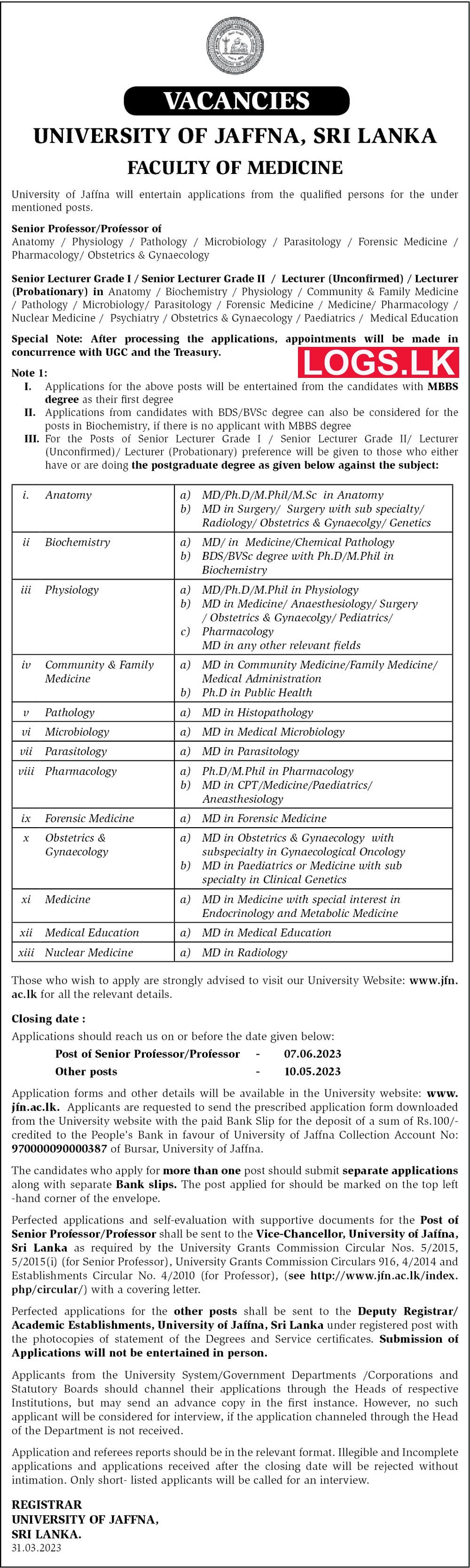 University of Jaffna Faculty of Medicine Job Vacancies 2023 Application, Details Download