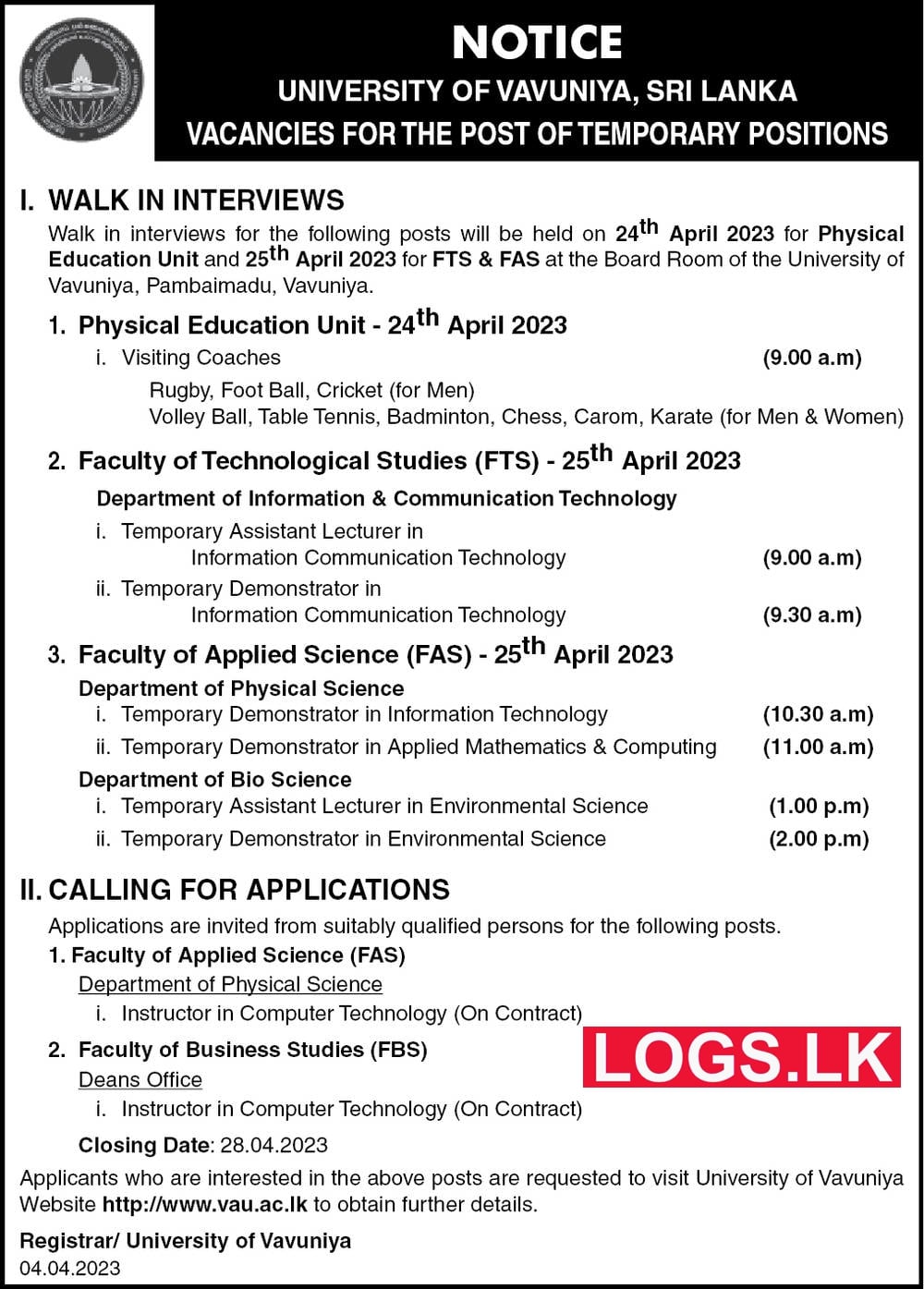 University of Vavuniya Temporary Vacancies 2023 Application, Details Download