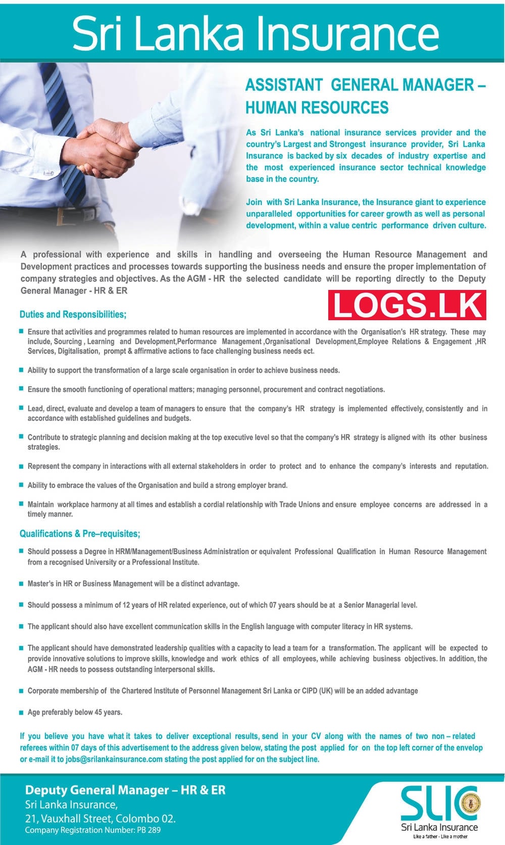 Assistant General Manager (HR) - Sri Lanka Insurance Vacancies 2023 Application, Details Download