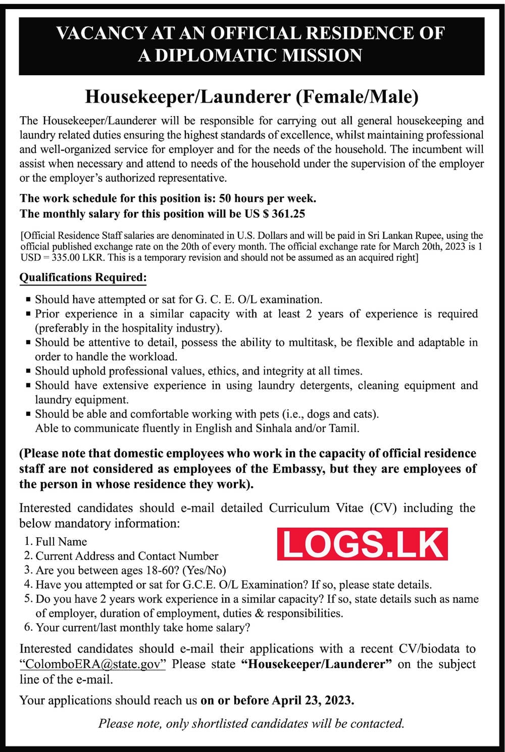 Housekeeper / Launderer - US Embassy Job Vacancies 2023 Application, Details Download
