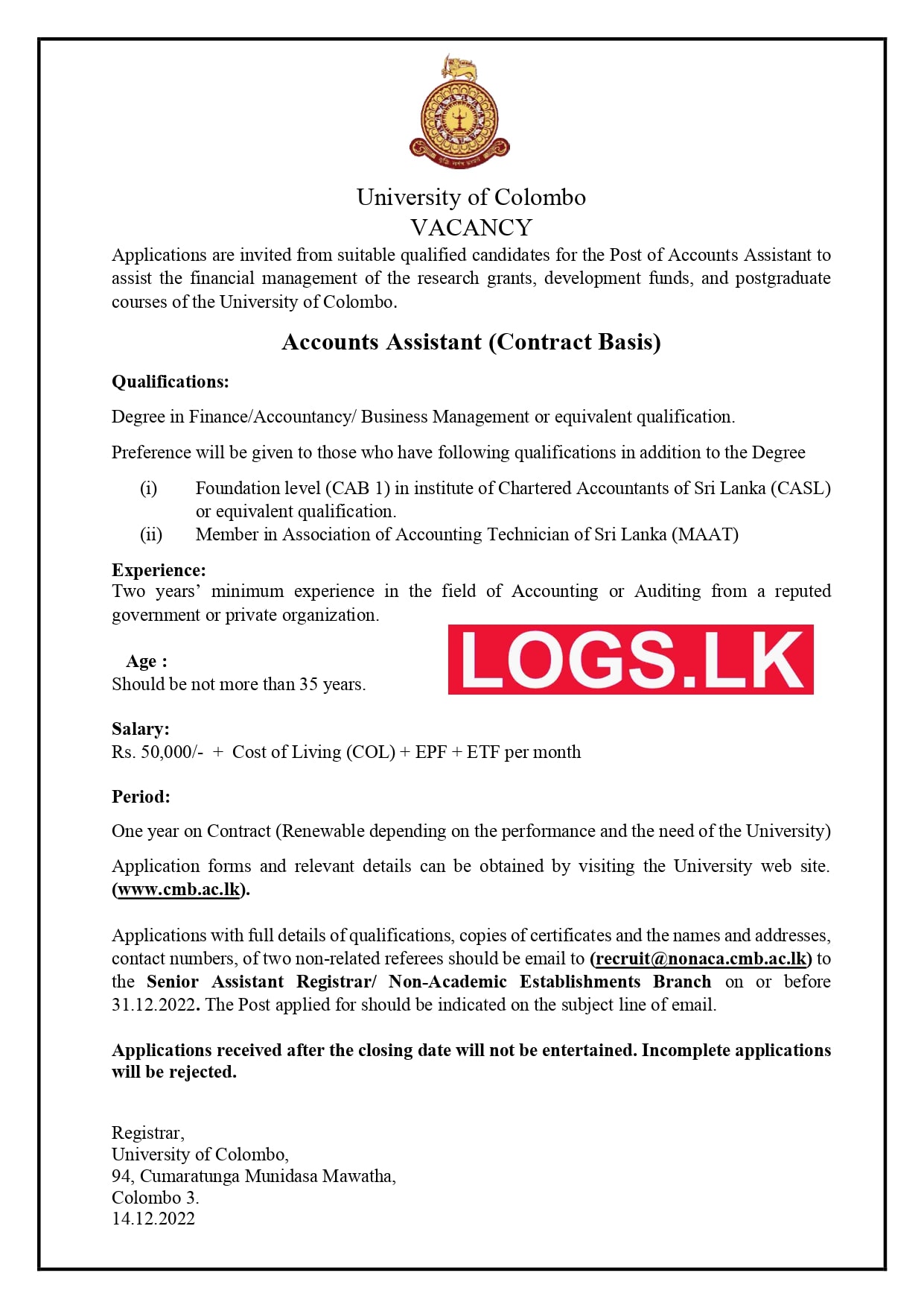 Accounts Assistant Vacancy 2023 in University of Colombo Job Vacancies Details, Application Form Download