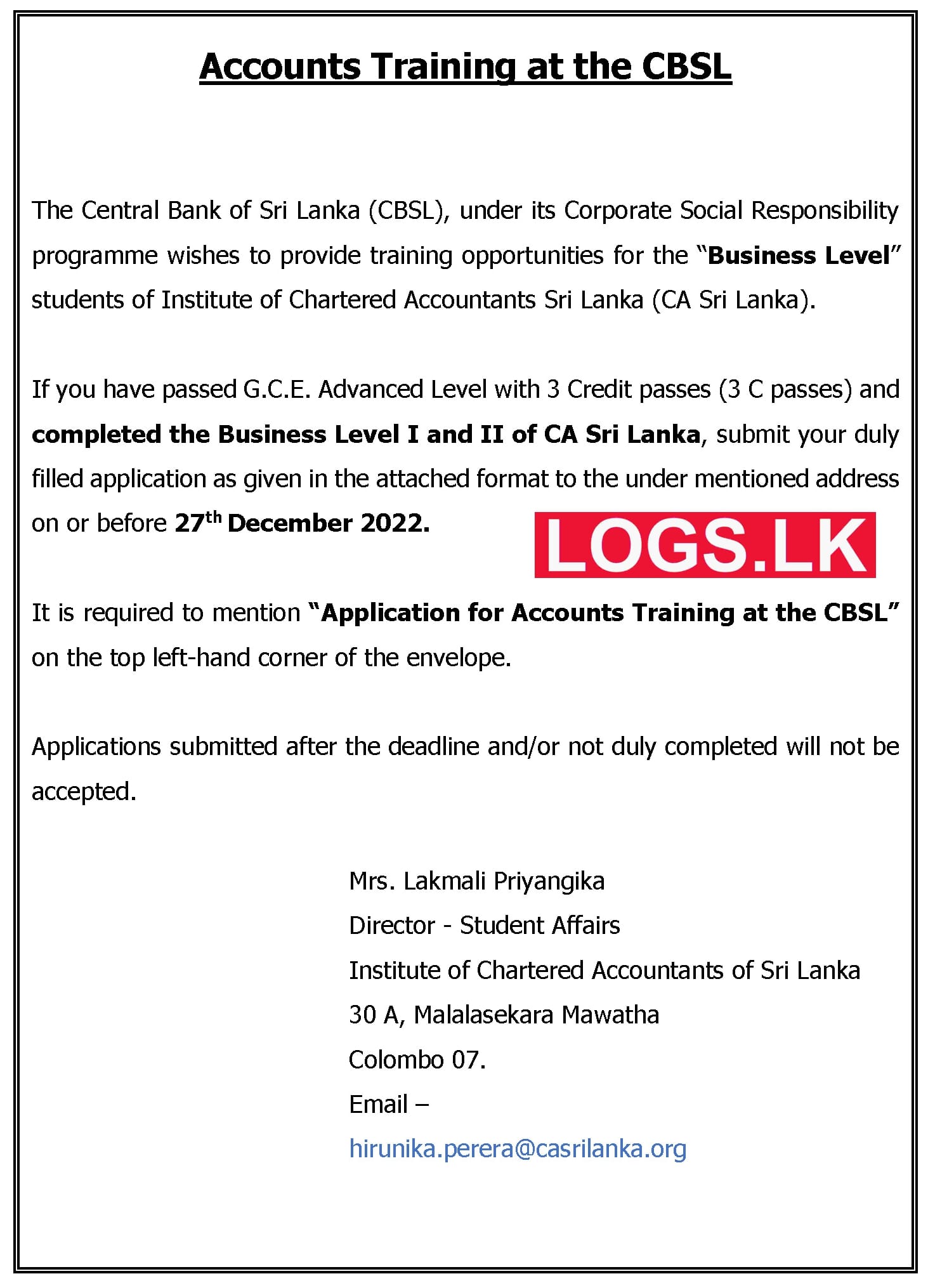 Accounts Trainee Job Vacancies 2023 in Central Bank of Sri Lanka Application Form