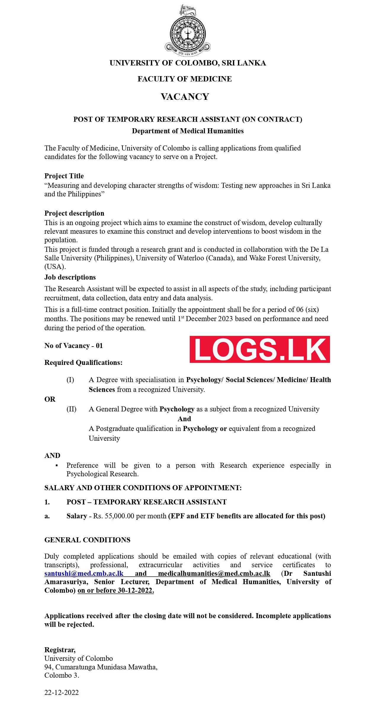 Temporary Research Assistant Vacancy 2023 in University of Colombo Job Vacancies 2023