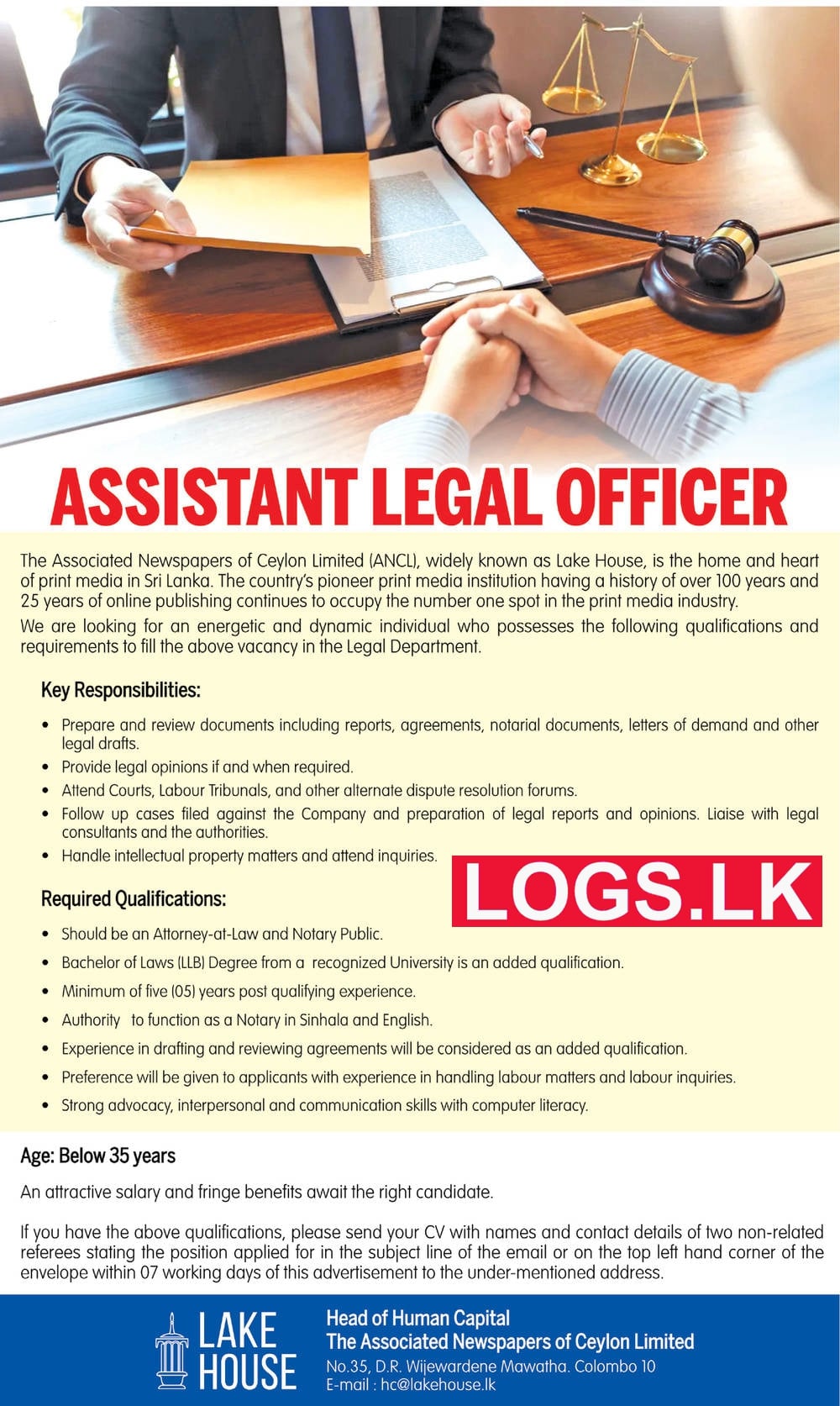 Assistant Legal Officer - Lake House Vacancies 2023 Application Form, Details Download