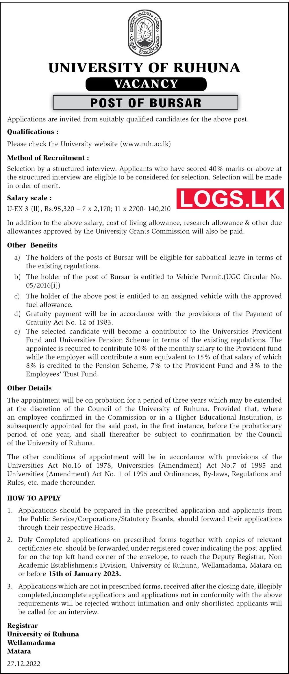 Bursar Job Vacancies 2023 in University of Ruhuna Job Vacancy Application Form Download in Sinhala Tamil English