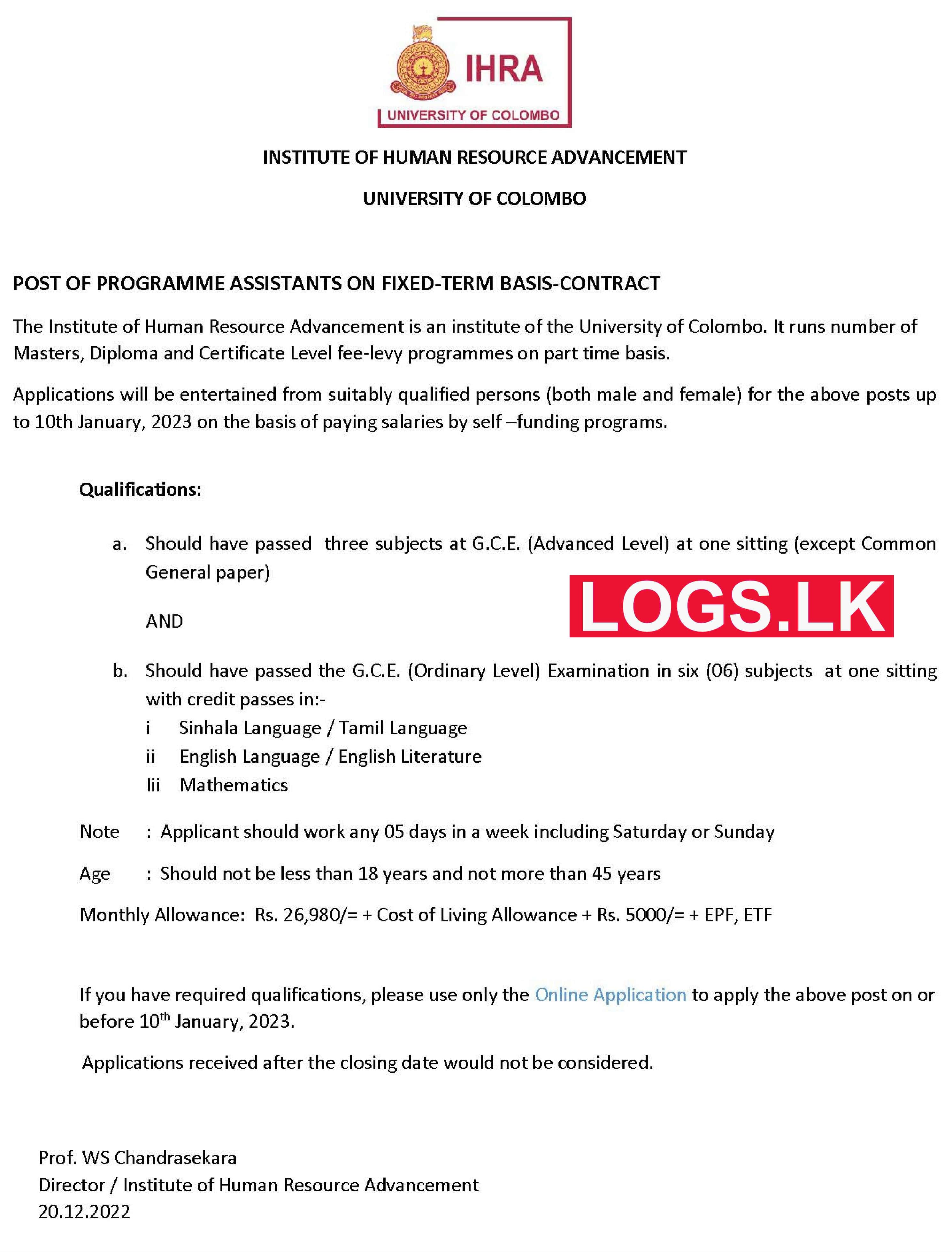 Program Assistant - University of Colombo Vacancies 2023 Application Form, Details Download