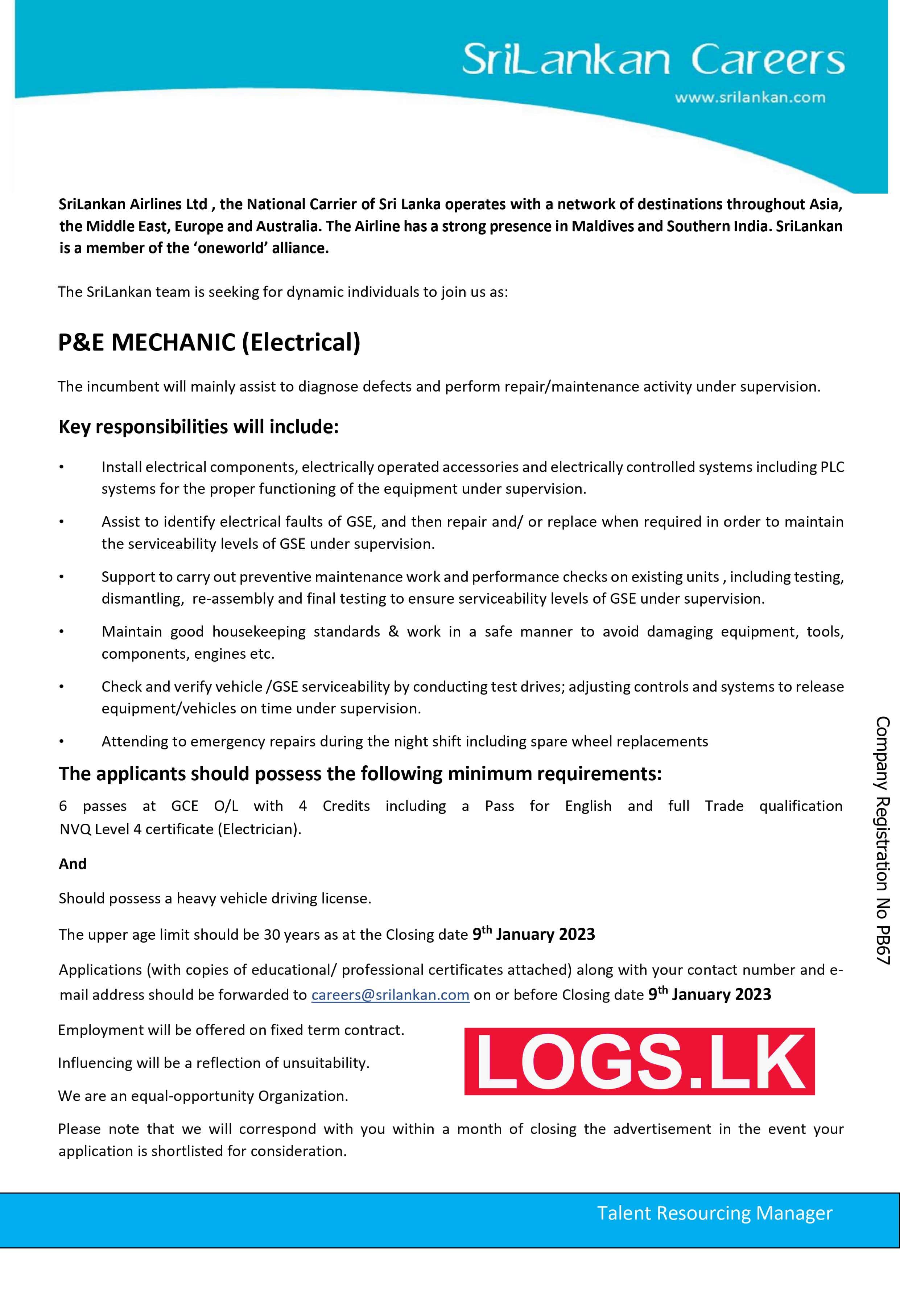P&E Mechanic (Electrical) - Sri Lankan Airlines Vacancies 2023 Application Form Download