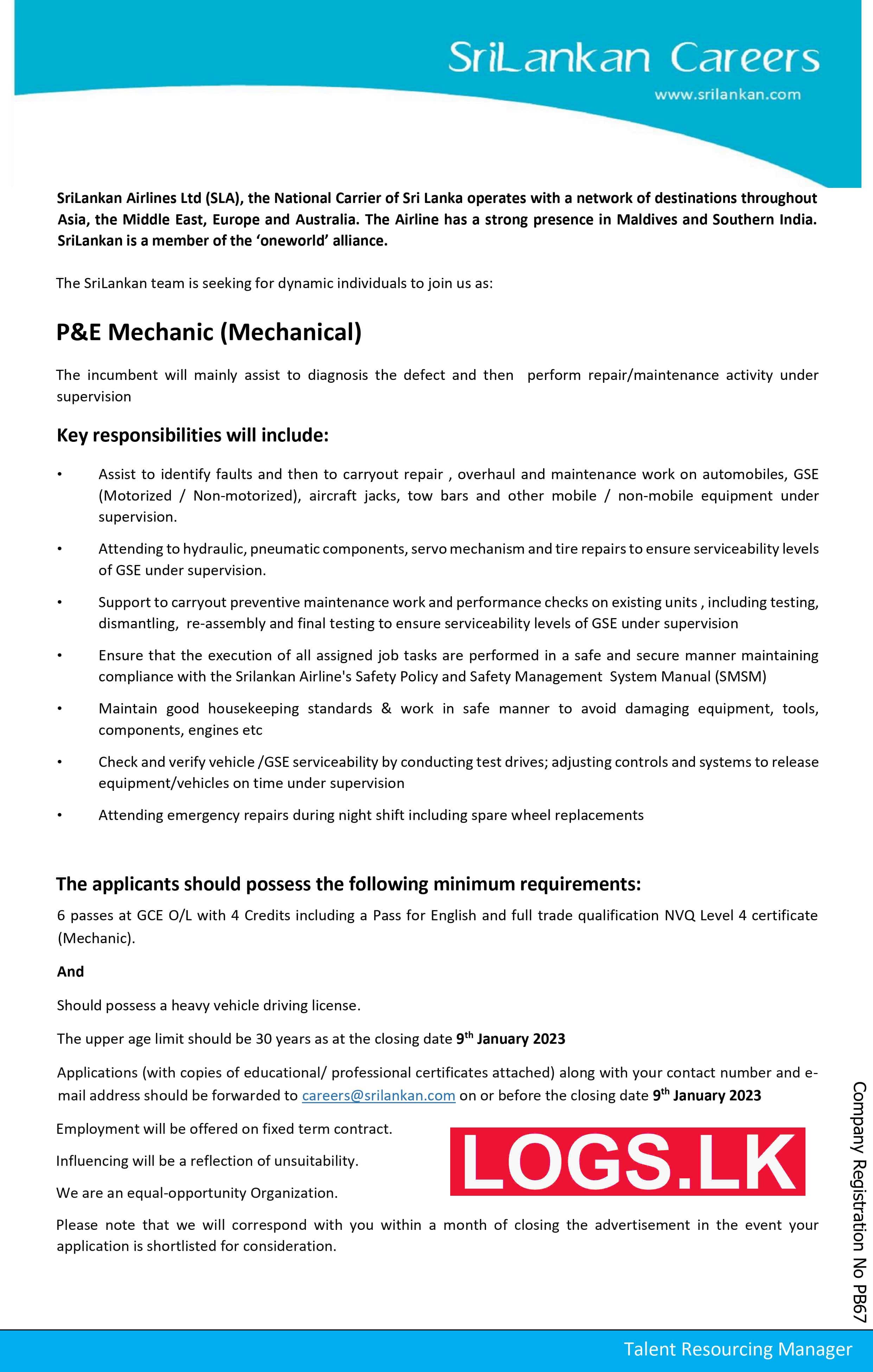 P&E Mechanic (Mechanical) - Sri Lankan Airlines Vacancies 2023 Apply Online. Download Application Form