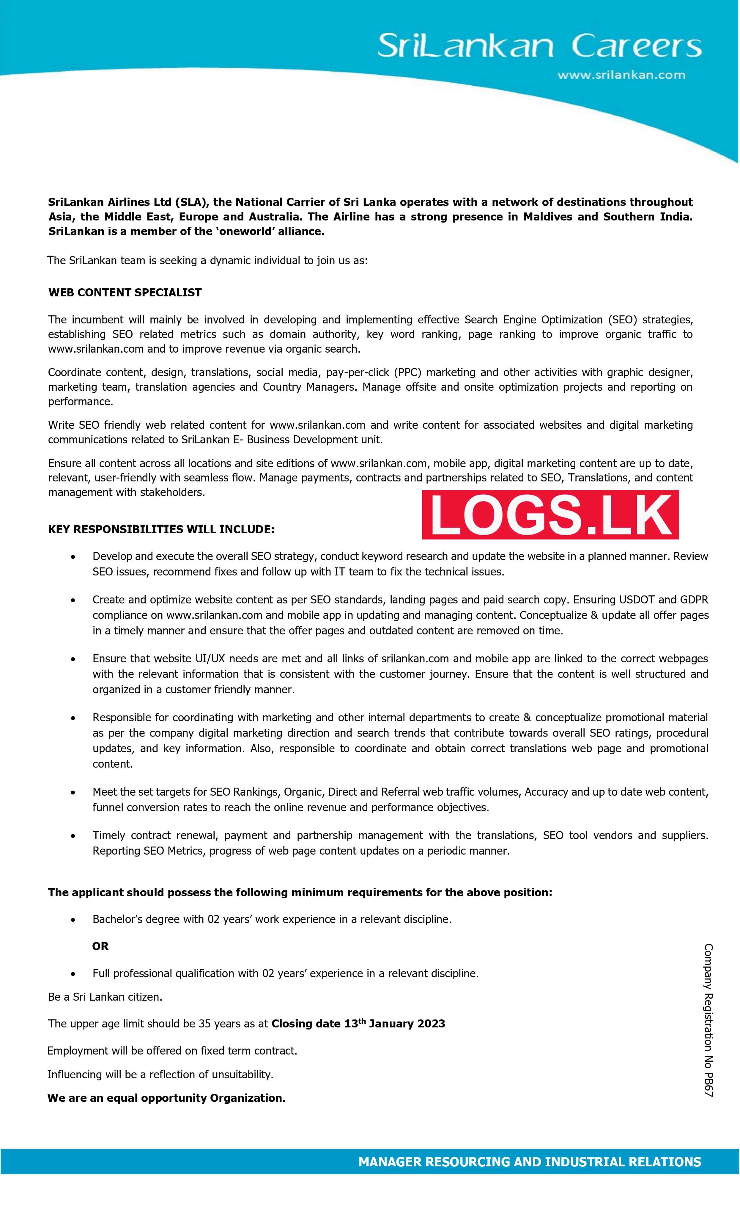 Web Content Specialist - Sri Lankan Airlines Vacancies 2023 Application Form, Details Download