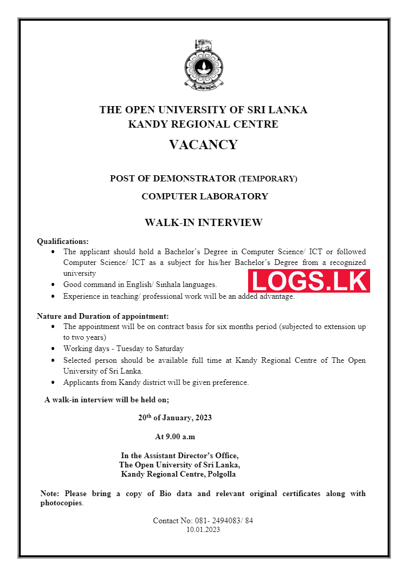 Demonstrator - Open University Kandy Vacancies 2023 Application Form Download