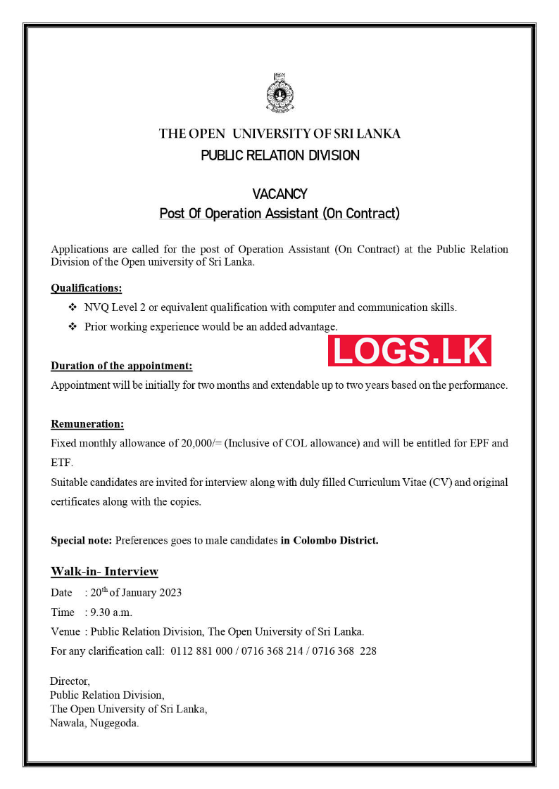 Operation Assistant - Open University Vacancies 2023 Application Form Download