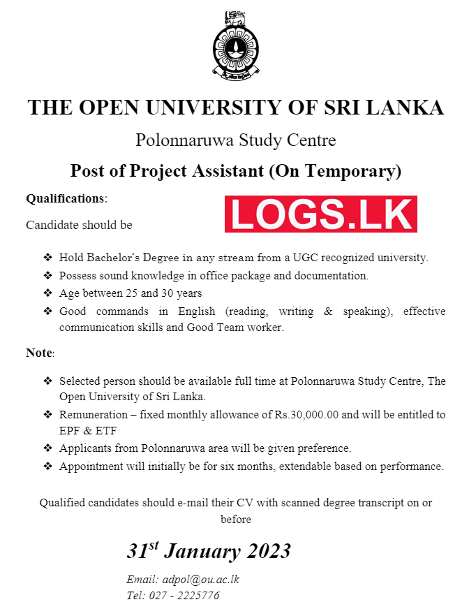 Project Assistant (On Temporary) Polonnaruwa Study Centre - The Open University of Sri Lanka Vacancies 2023 Application Form, Details Download