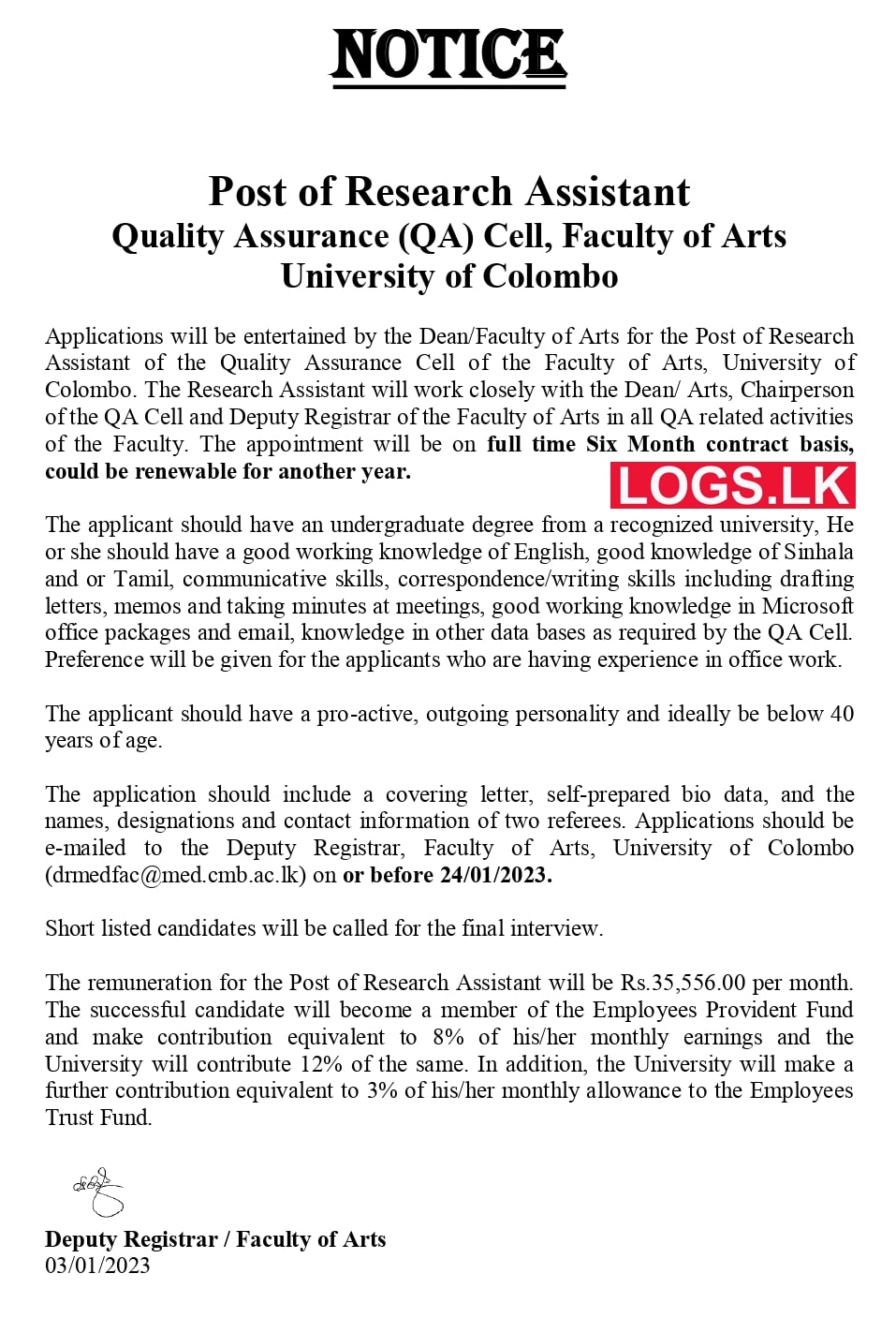 Research Assistant Quality Assurance - University of Colombo Vacancies 2023 Application Form, Details Download