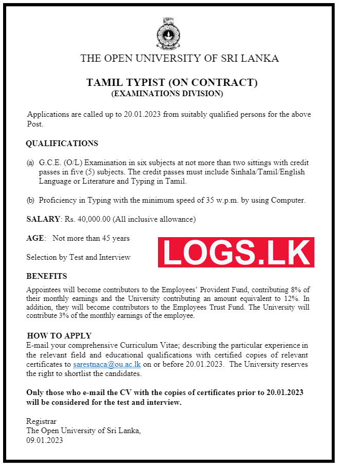 Tamil Typist - Open University of Sri Lanka Vacancies 2023 Details, Application Form Download