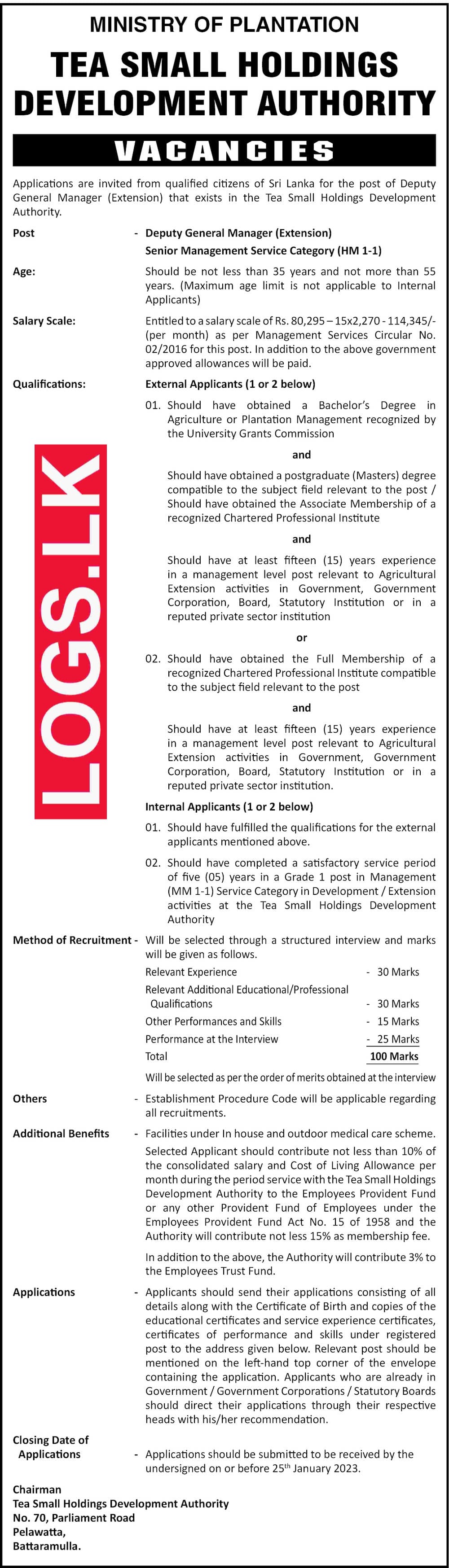 Deputy General Manager - Tea Small Holdings Development Authority Vacancies 2023 Application Form Download
