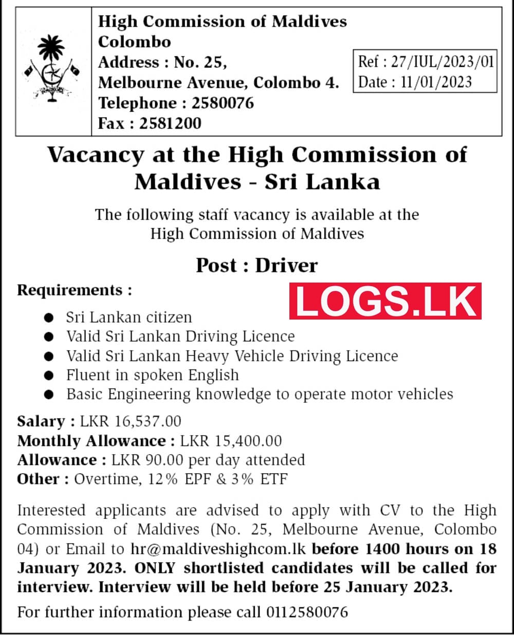 Driver - High Commission of Maldives Sri Lanka Vacancies 2023 (Maldives Embassy) Application Form, Details Download