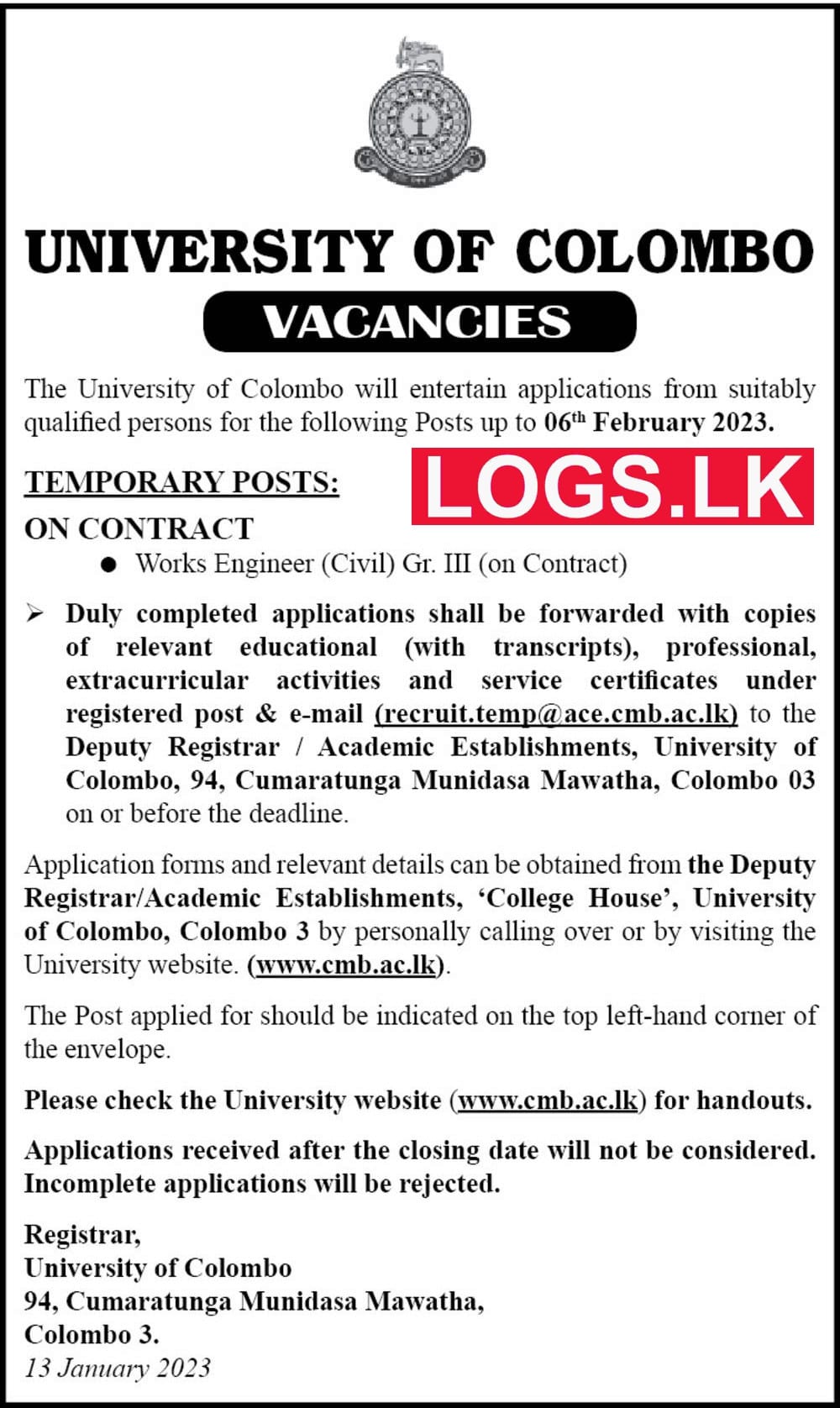 University of Colombo Temporary Vacancies 2023 Application Form, Details Download