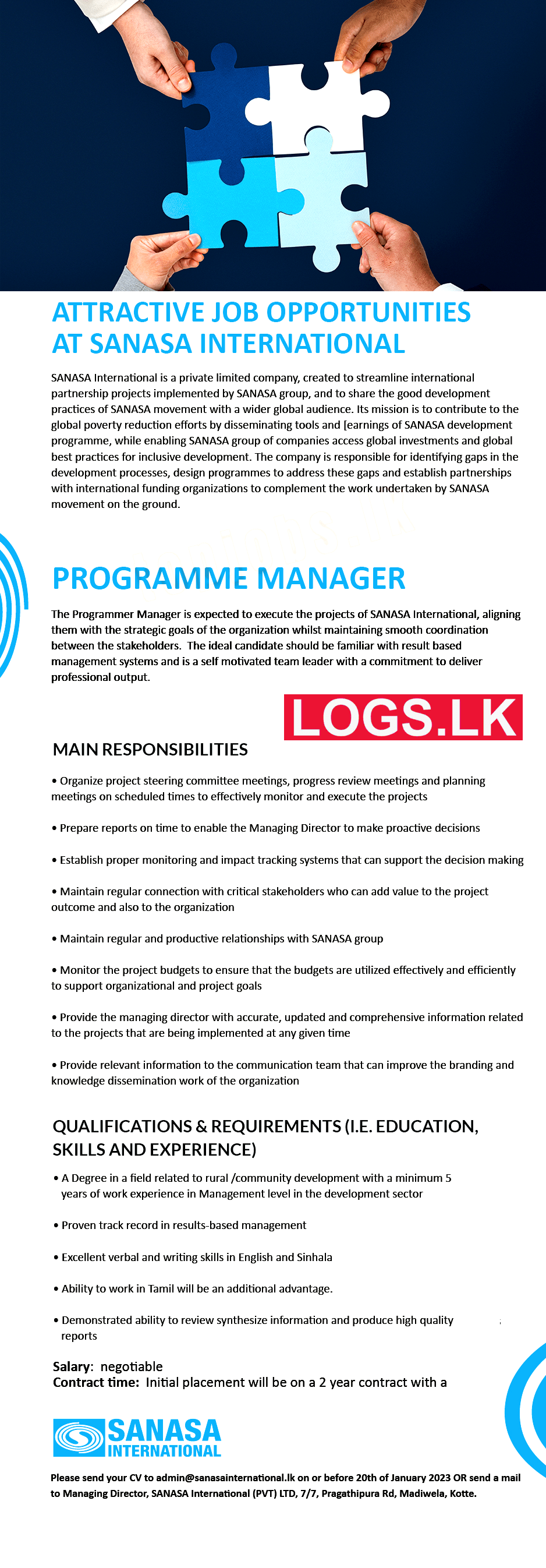 Programme Manager - SANASA International Vacancies 2023 Application Form, Details Download