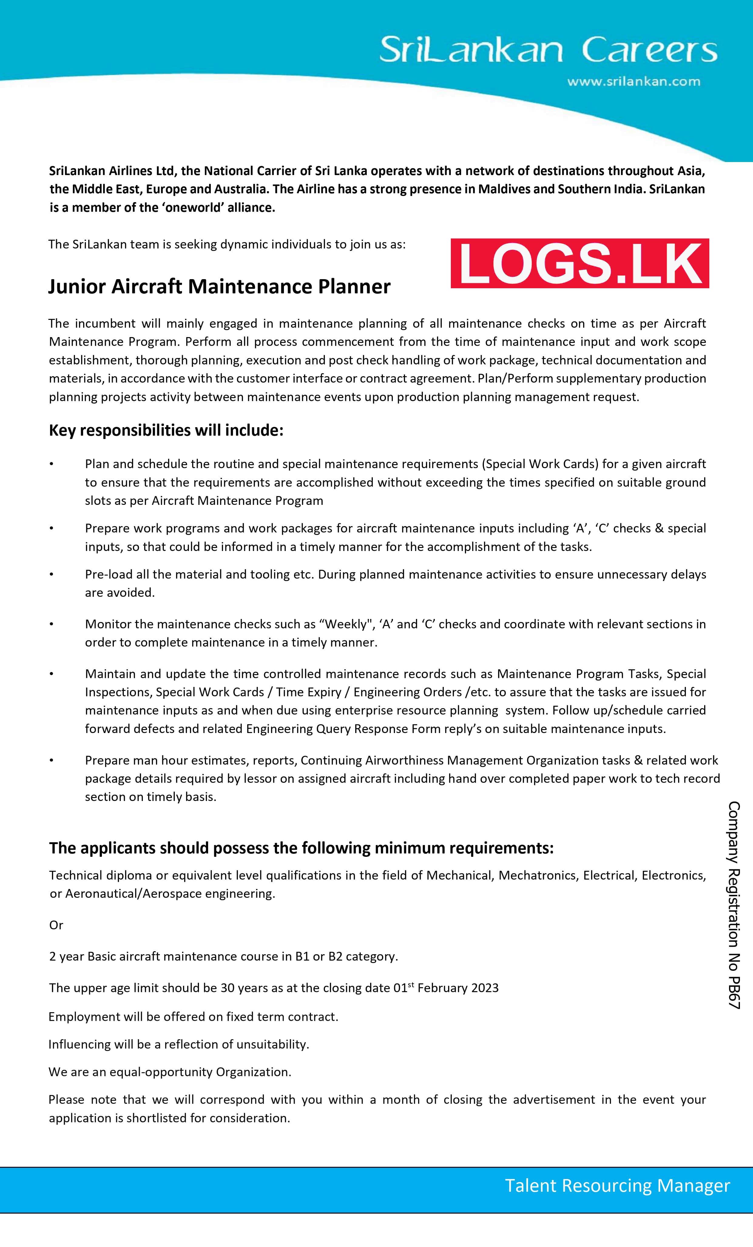Junior Aircraft Maintenance Planner - Sri Lankan Airlines Vacancies Application Form, Apply Online Details