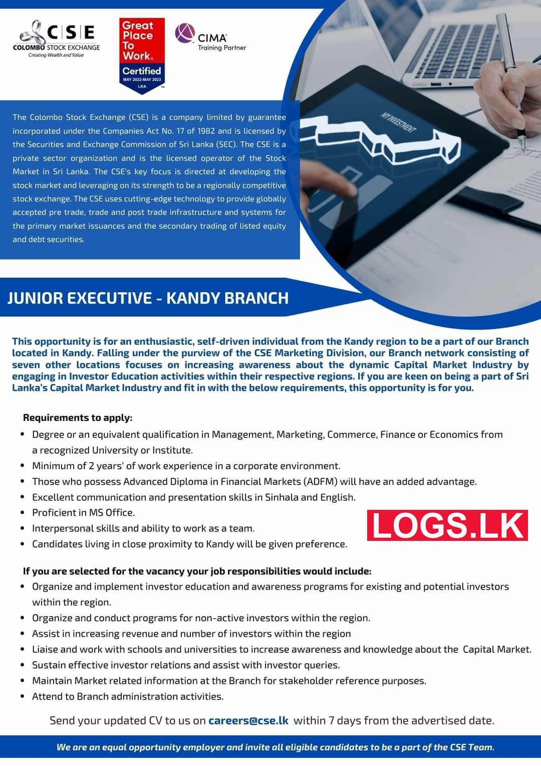 Junior Executive - Colombo Stock Exchange Vacancies 2023 in Kandy