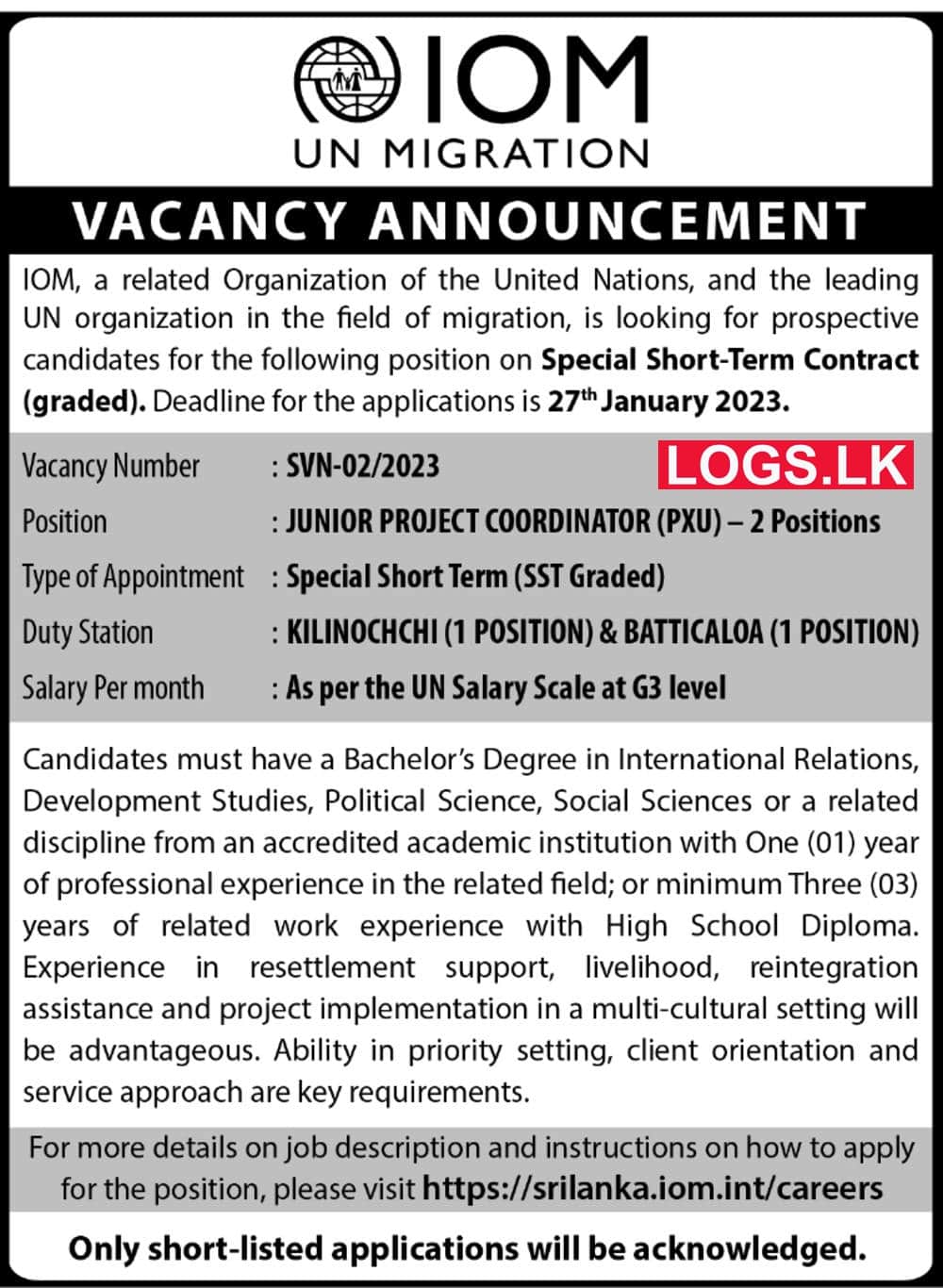 Junior Project Coordinator (PXU) - IOM Vacancies 2023 Application Form, Details International Organization for Migration Jobs Vacancies
