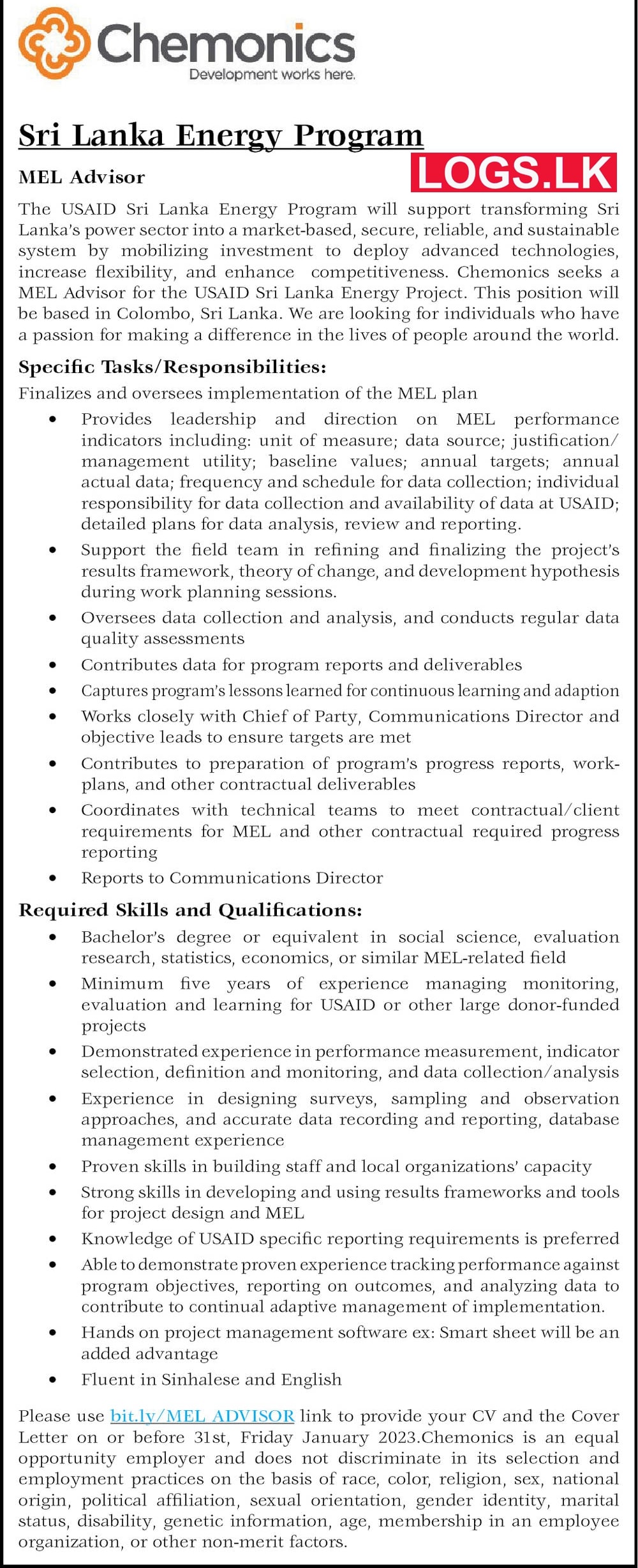 MEL Advisor Job Vacancy 2023 in Chemonics Job Vacancies 2023 Application Form, Details Download