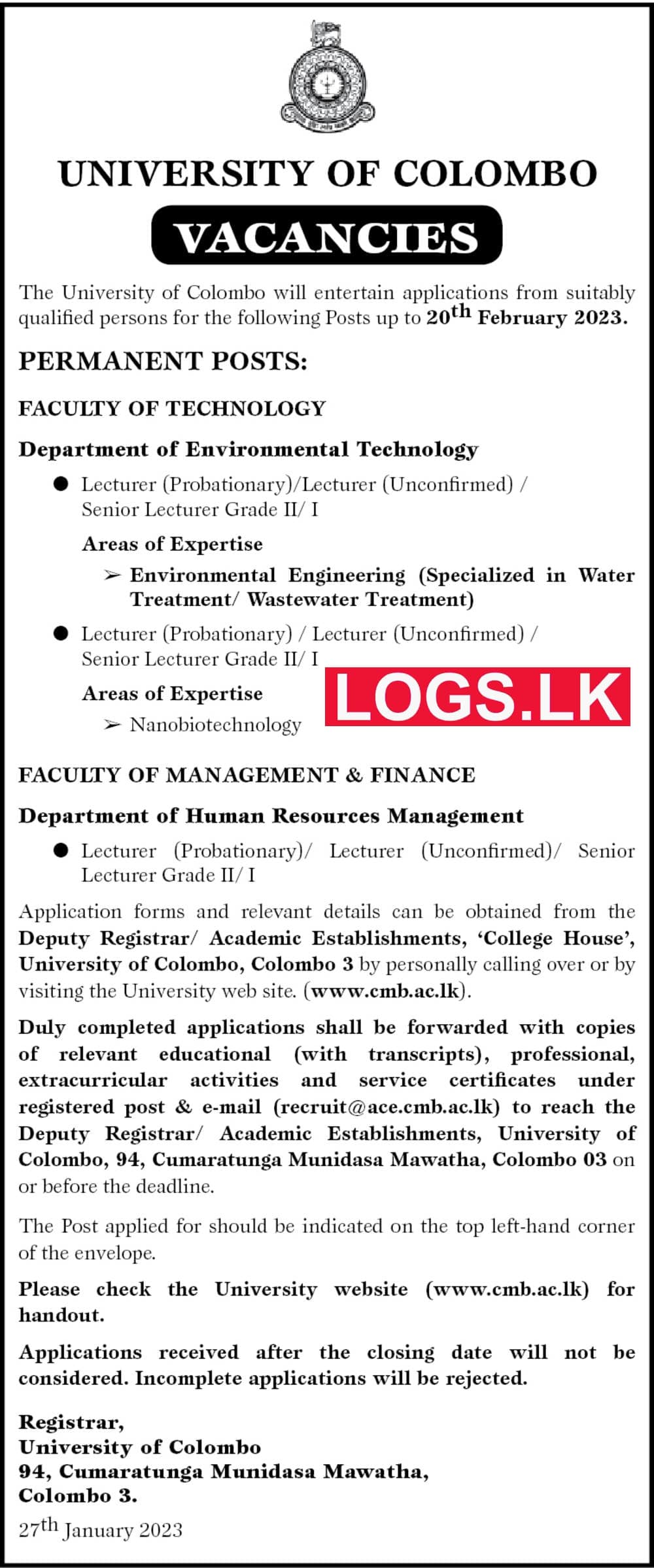 University of Colombo Permanent Job Vacancies 2023 Application Form, Details Download