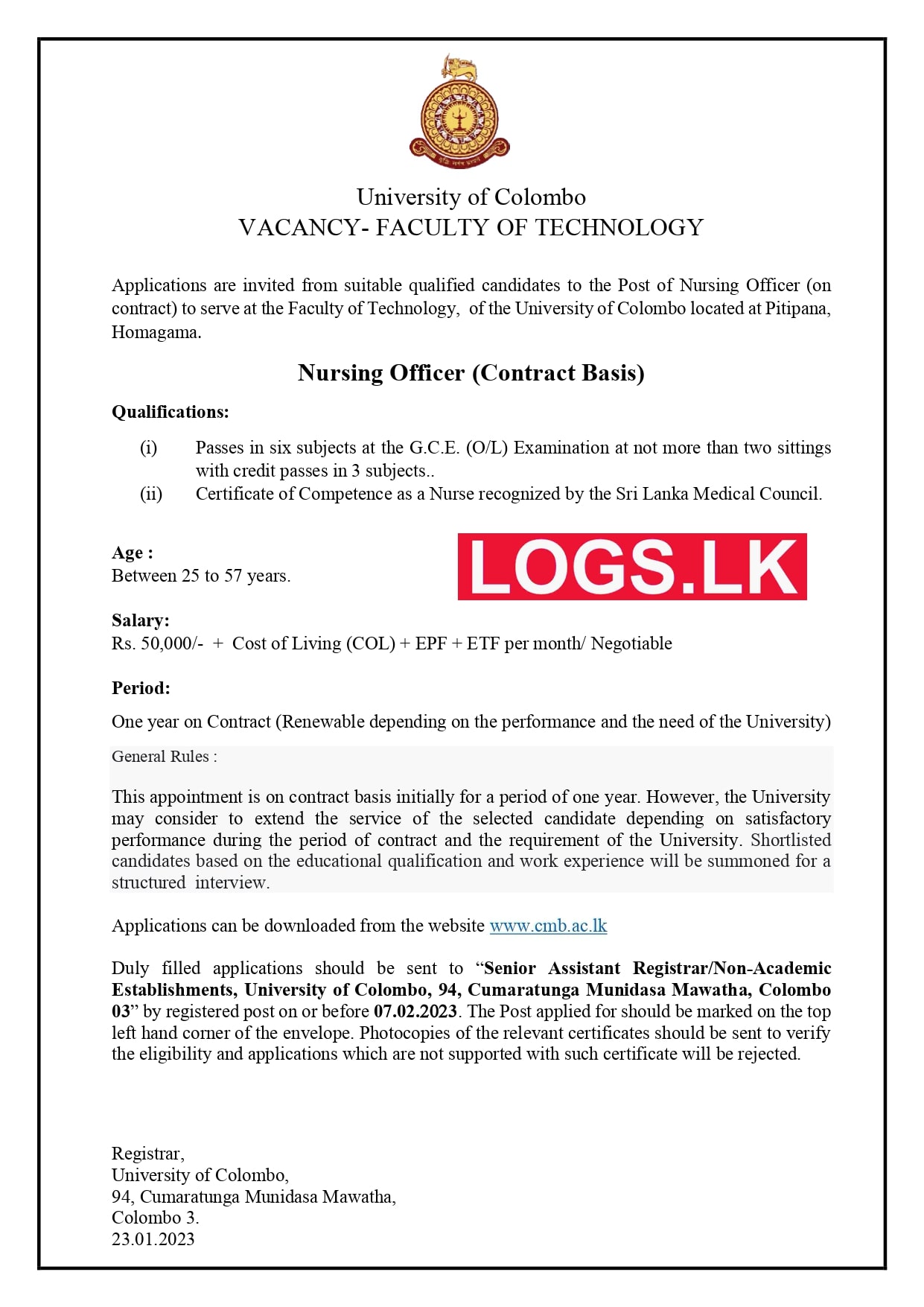 Nursing Officer - University of Colombo Vacancies 2023 Application Form, Details Download