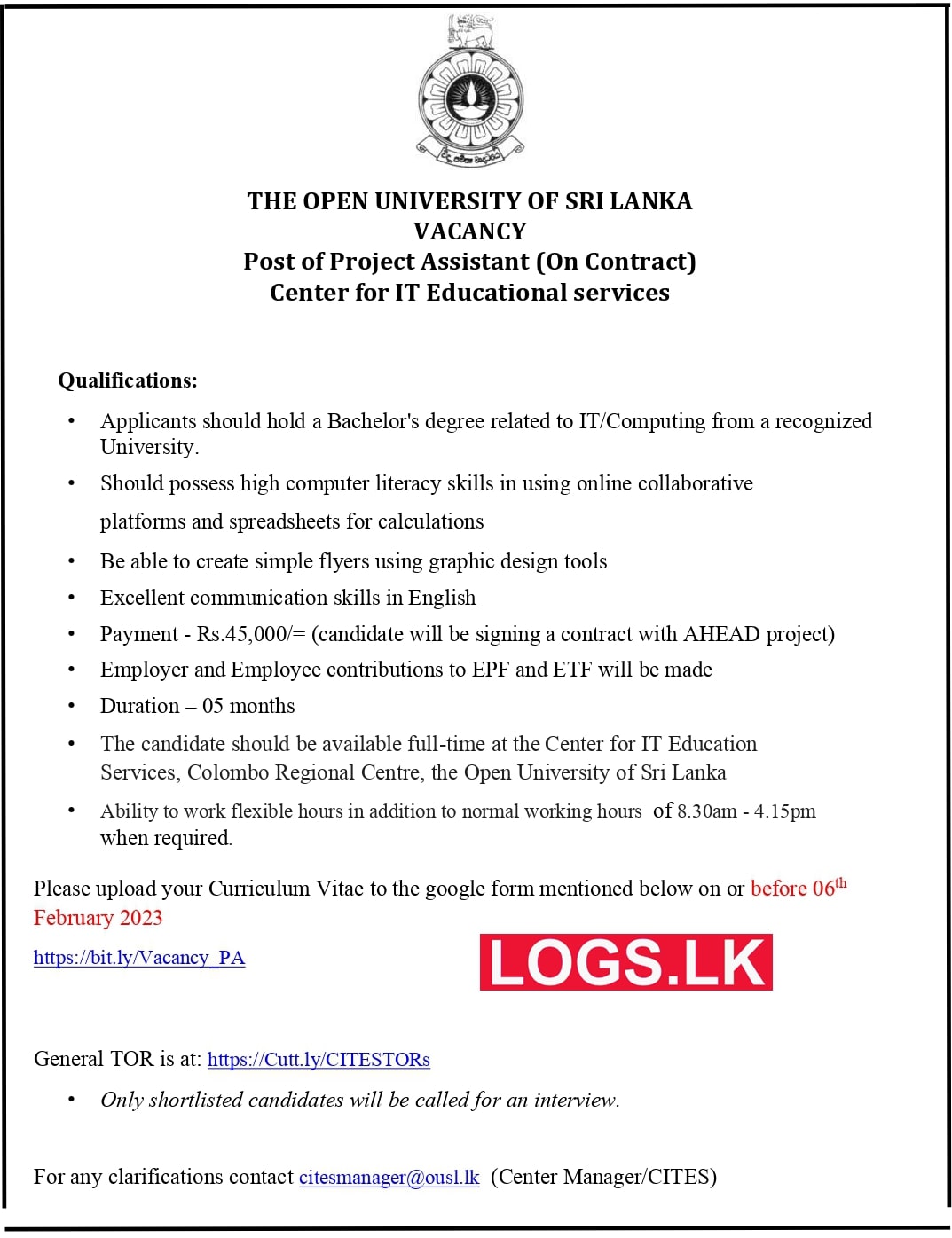 Project Assistant Vacancies 2023 at Open University of Sri Lanka Application Form, Details Download