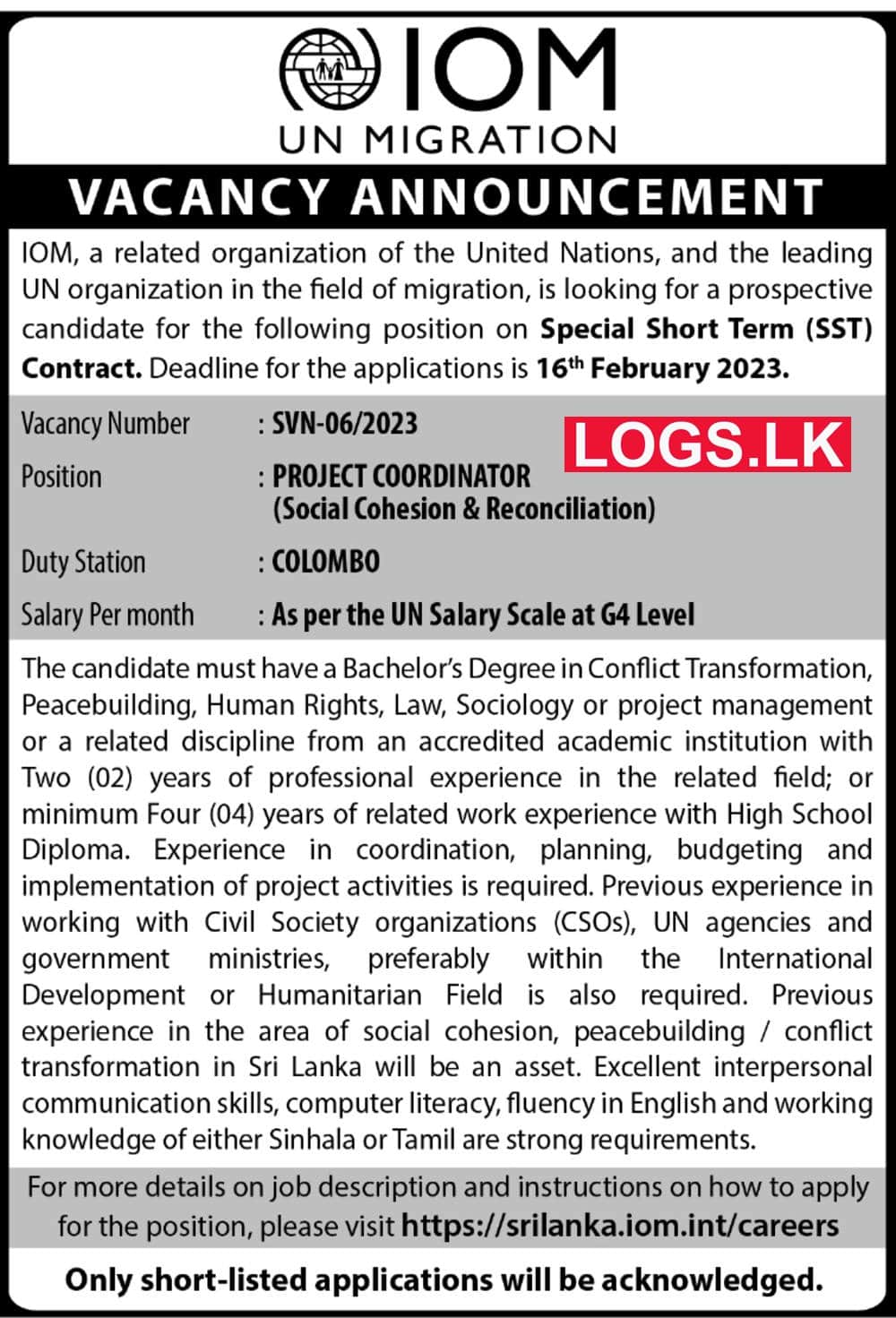 Project Coordinator Vacancies 2023 in IOM Sri Lanka Job Vacancy 2023
