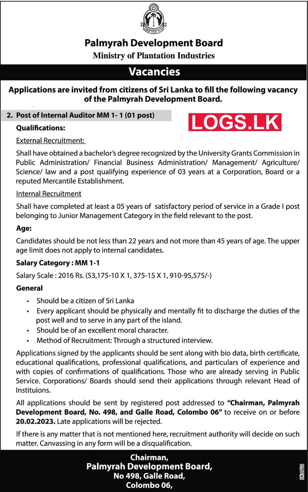 Internal Auditor - Palmyrah Development Board Vacancies 2023 Application Form, Details Download