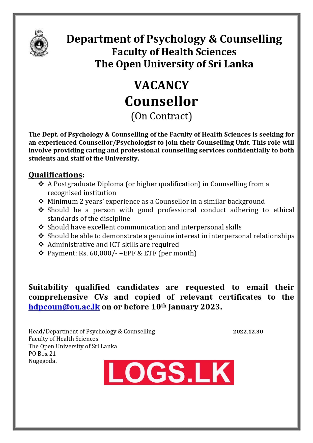 Counsellor Vacancy 2023 at Open University of Sri Lanka Job Vacancies 2023 Application Form Download