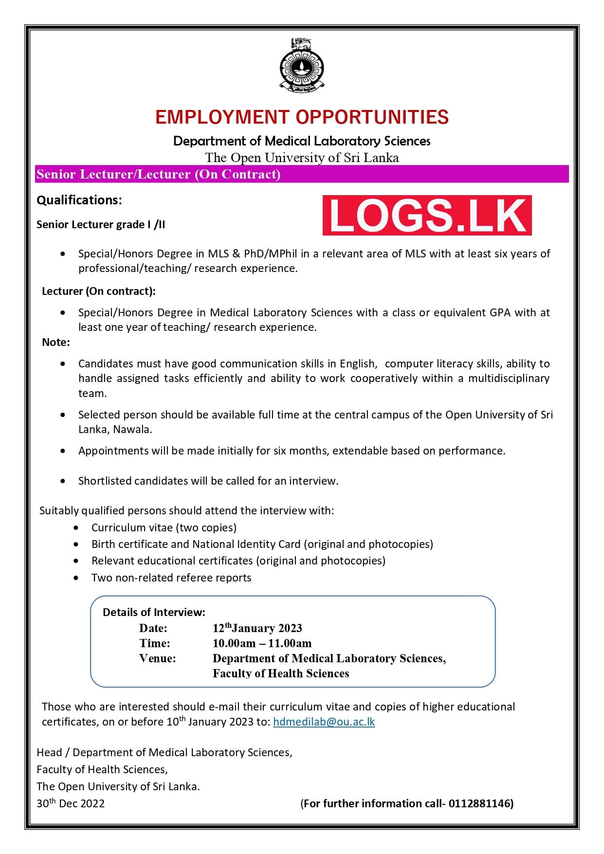 Lecturers Vacancies 2023 at Open University of Sri Lanka Job Vacancies 2023 Application