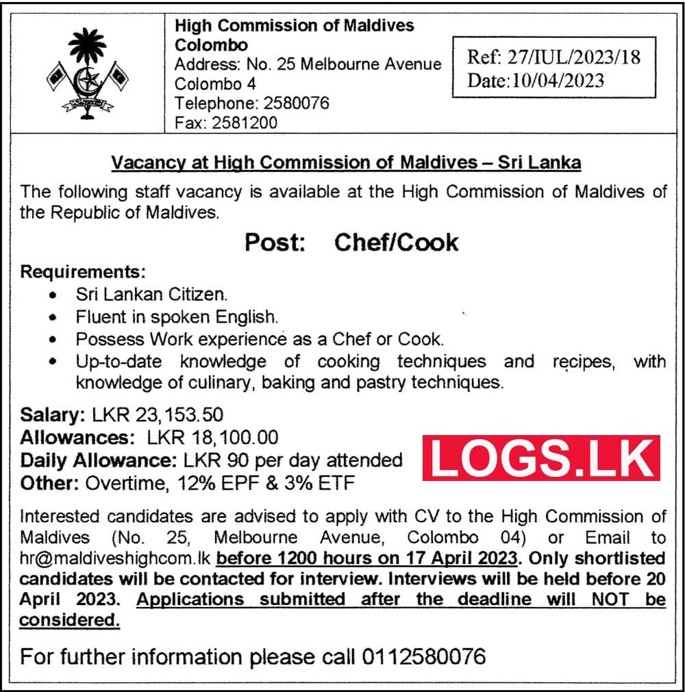 Chef / Cook - High Commission of Maldives Vacancies 2023 Jobs Application, Details Download