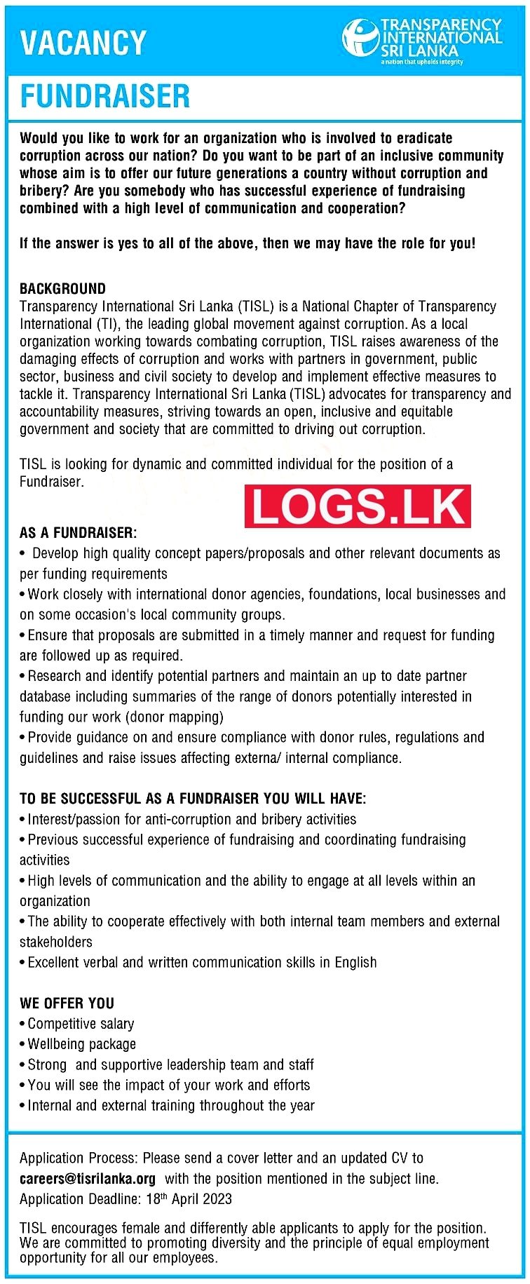 Fundraiser Job Vacancy at Transparency International Sri Lanka Application, Details Download