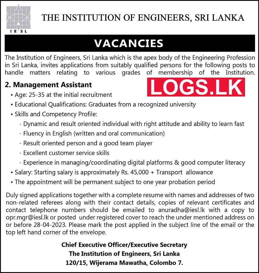Management Assistant Vacancies 2023 at Institution of Engineers of Sri Lanka Jobs Application