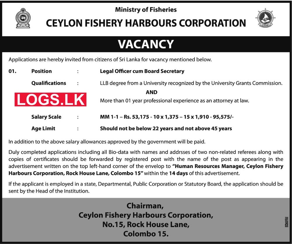 Legal Officer cum Board Secretary - Ceylon Fishery Harbours Corporation Vacancies 2023 Application, Details Download