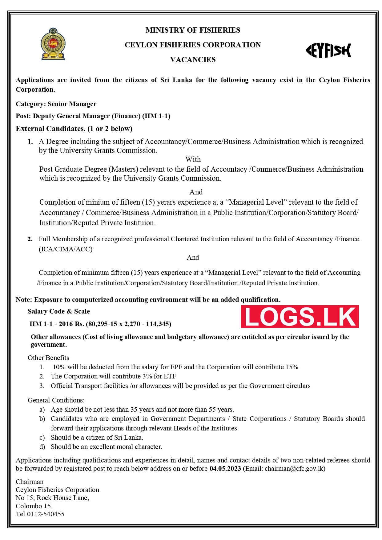 Deputy General Manager (Finance) - Ceylon Fisheries Corporation Vacancies 2023 Application, Details Download