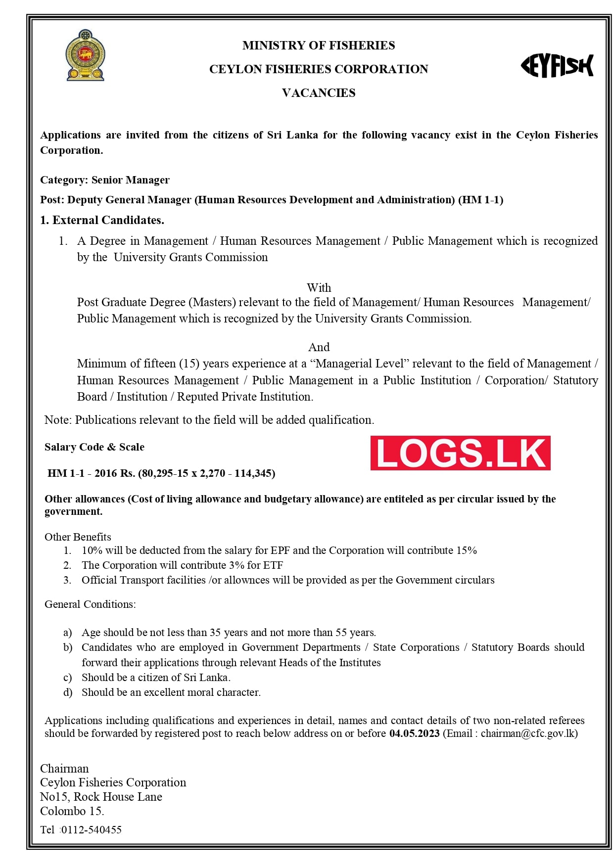 Deputy General Manager (HR) - Ceylon Fisheries Corporation Vacancies 2023 Application, Details Download