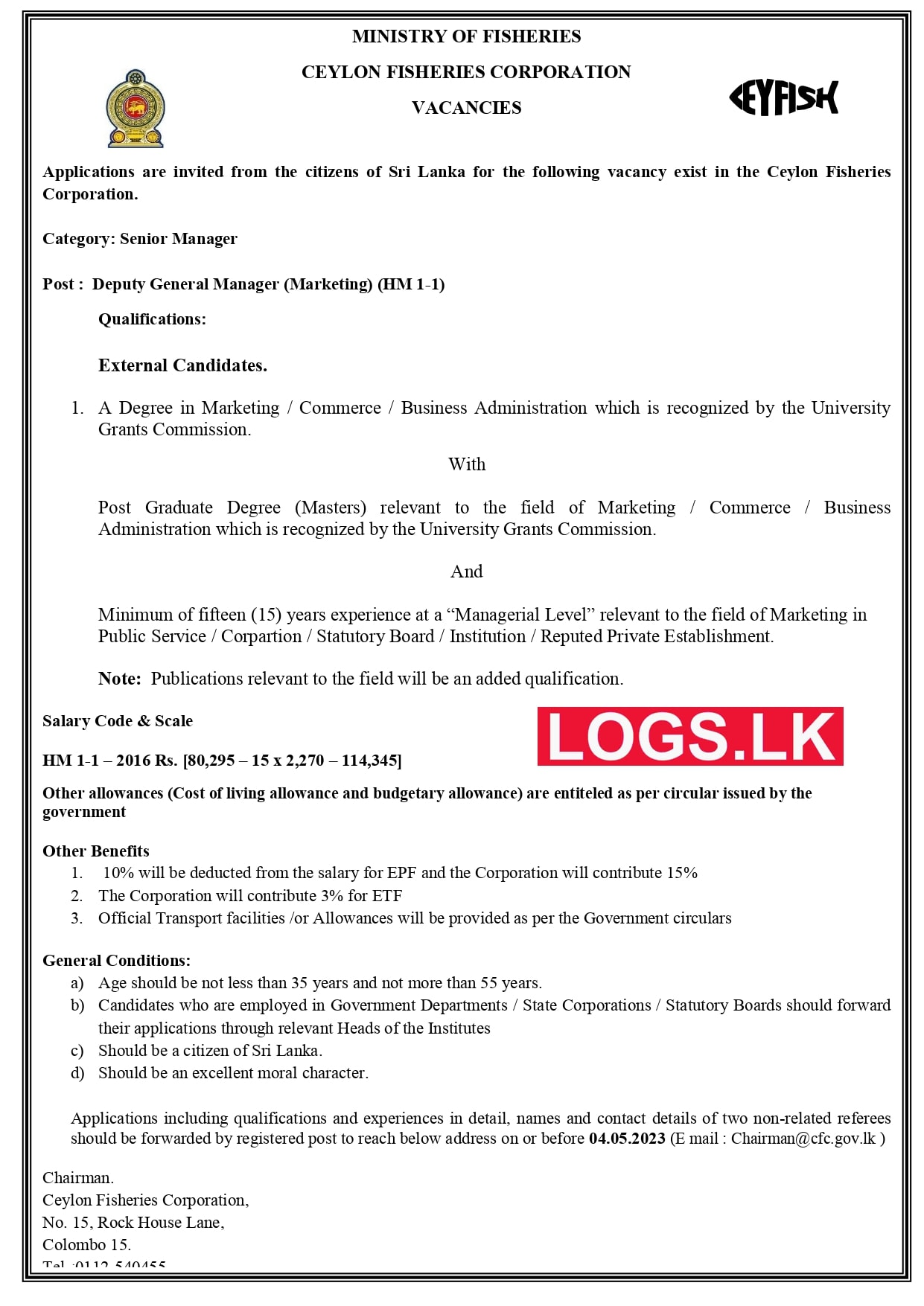 Deputy General Manager (Marketing) - Ceylon Fisheries Corporation Vacancies 2023 Application, Details Download